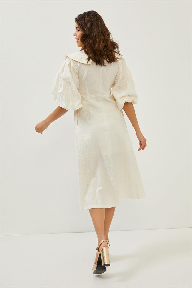 Ekru Yaka Detaylı Gold Düğmeli Uzun Kollu ElbiseST060S40146501