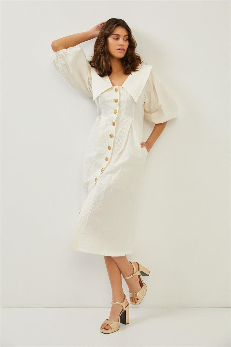 Ekru Yaka Detaylı Gold Düğmeli Uzun Kollu ElbiseST060S40146501