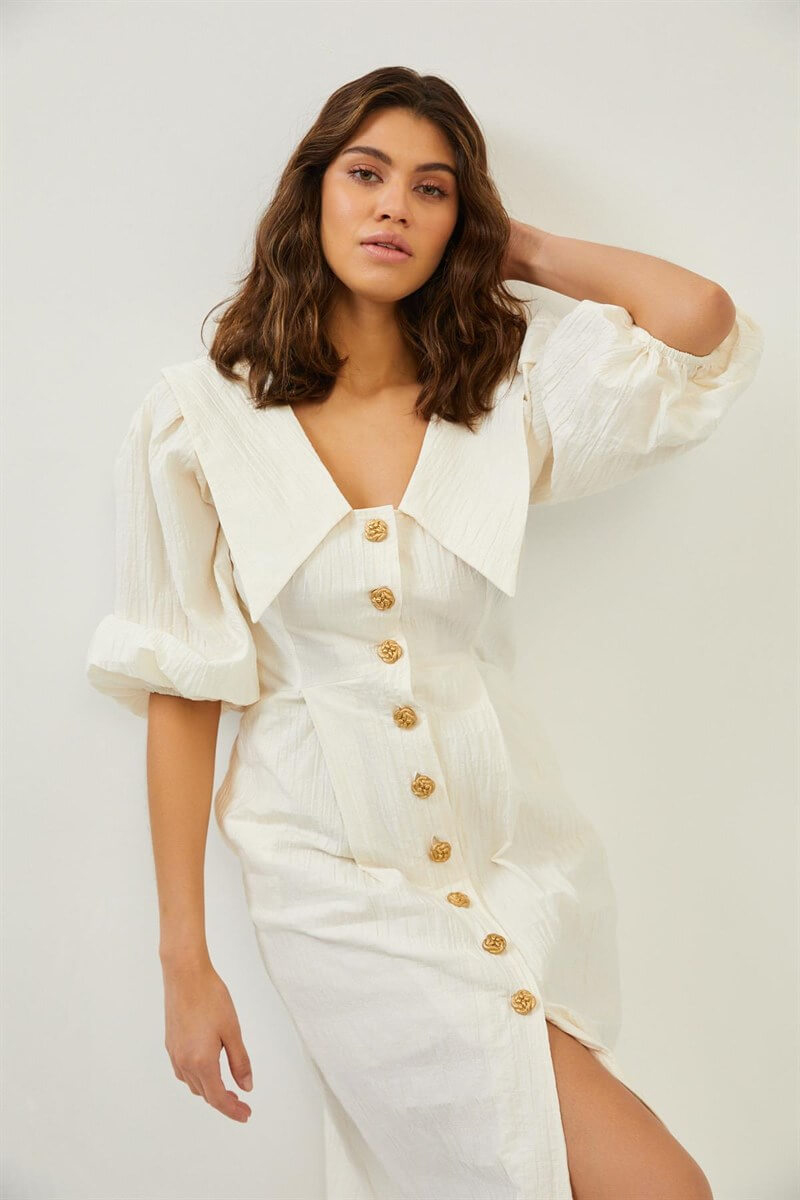 Ekru Yaka Detaylı Gold Düğmeli Uzun Kollu ElbiseST060S40146501