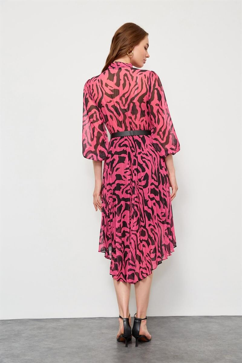 Fuşya Kemerli Piliseli ElbiseST040W40186002