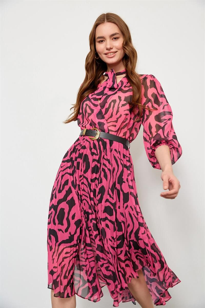 Fuşya Kemerli Piliseli ElbiseST040W40186002