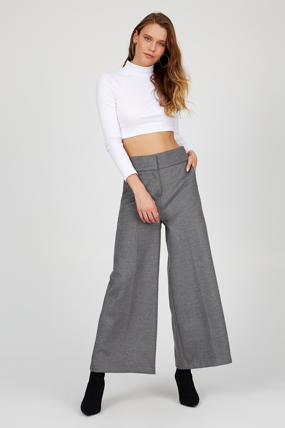 Gri Yüksek Bel Boru Paça Pantolon