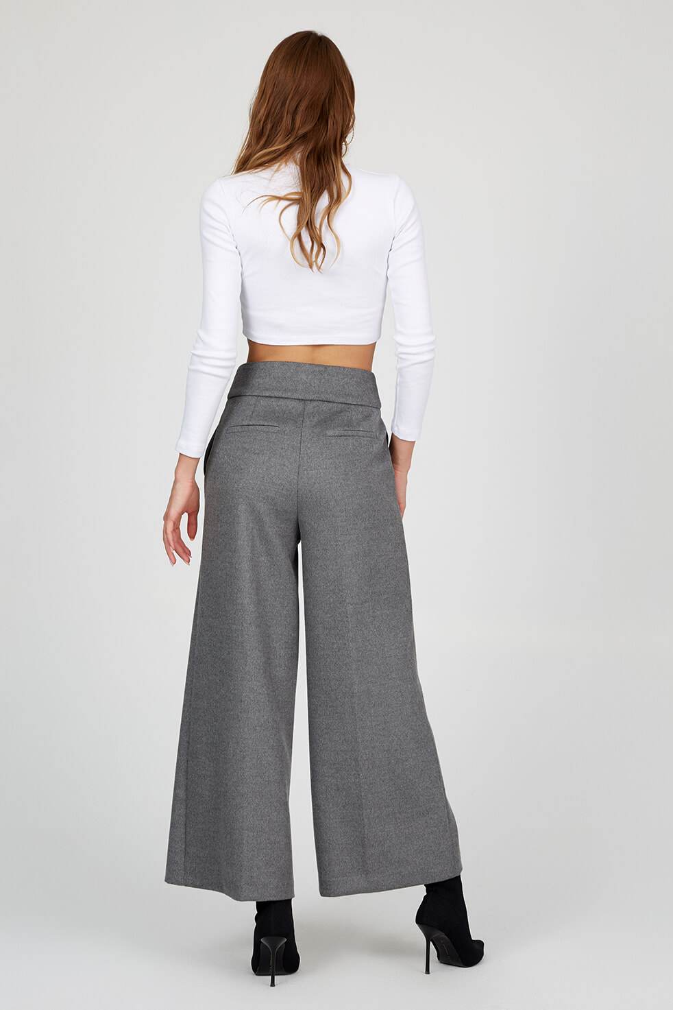 Gri Yüksek Bel Boru Paça Pantolon