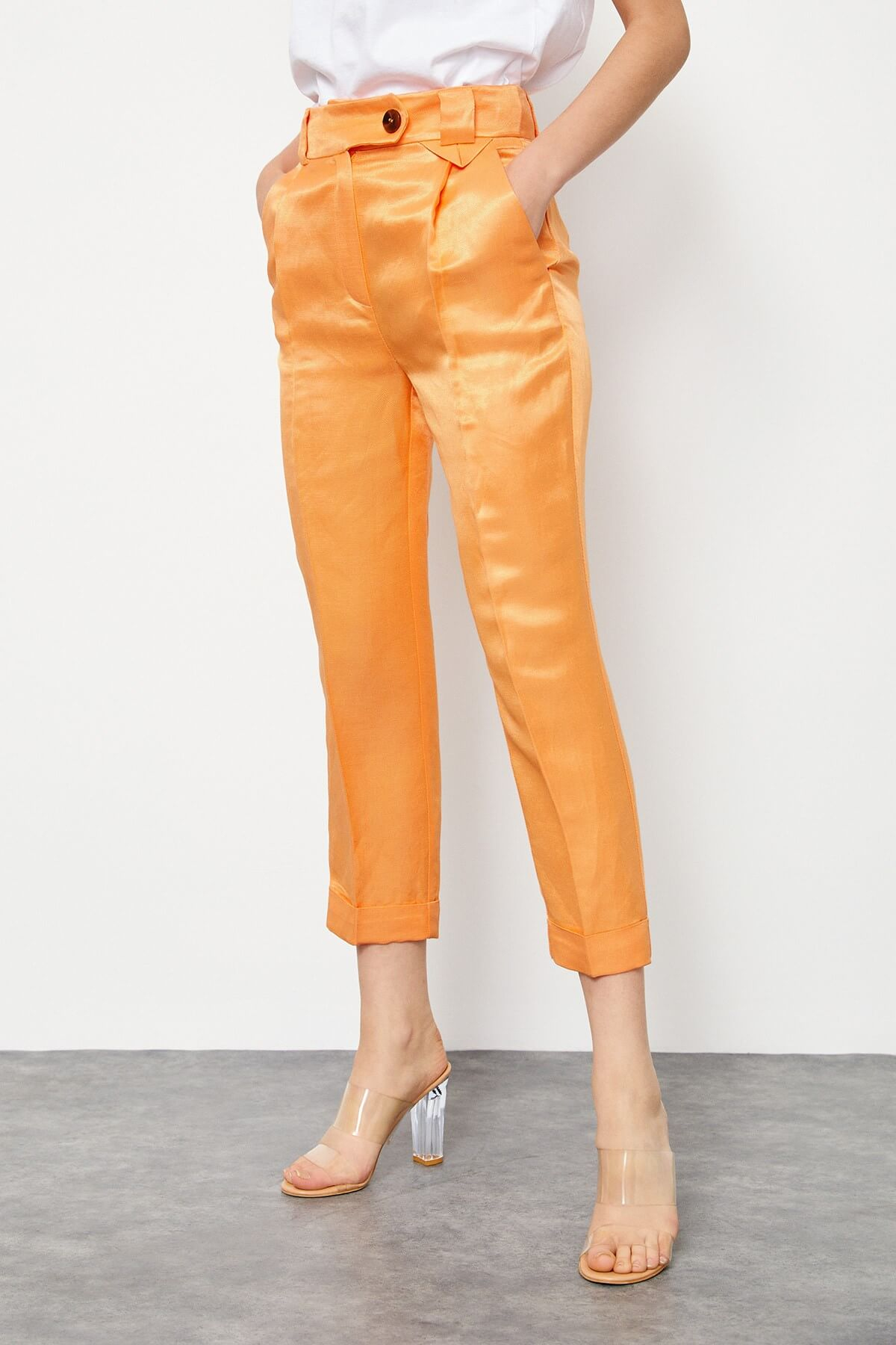Güneş Turuncusu Keten Rayon Parlak Kumaş PantolonST060S2038101
