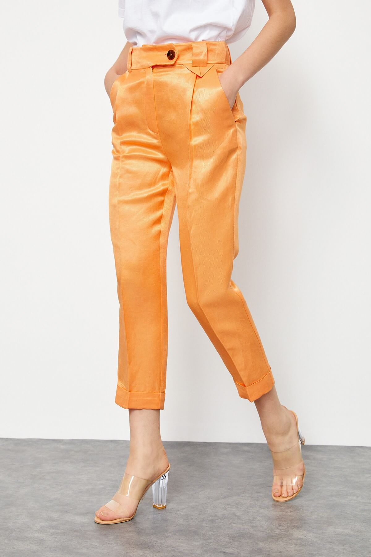 Güneş Turuncusu Keten Rayon Parlak Kumaş PantolonST060S2038101