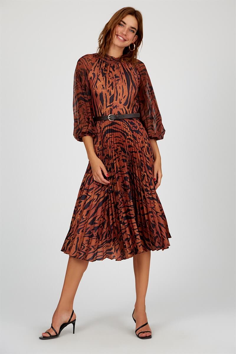 Kahve-Leopar Uzun Kol Midi ElbiseST050W403751