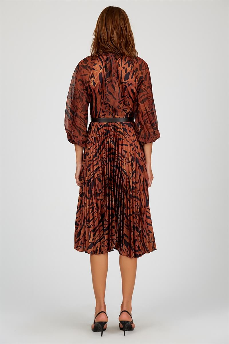 Kahve-Leopar Uzun Kol Midi ElbiseST050W403751
