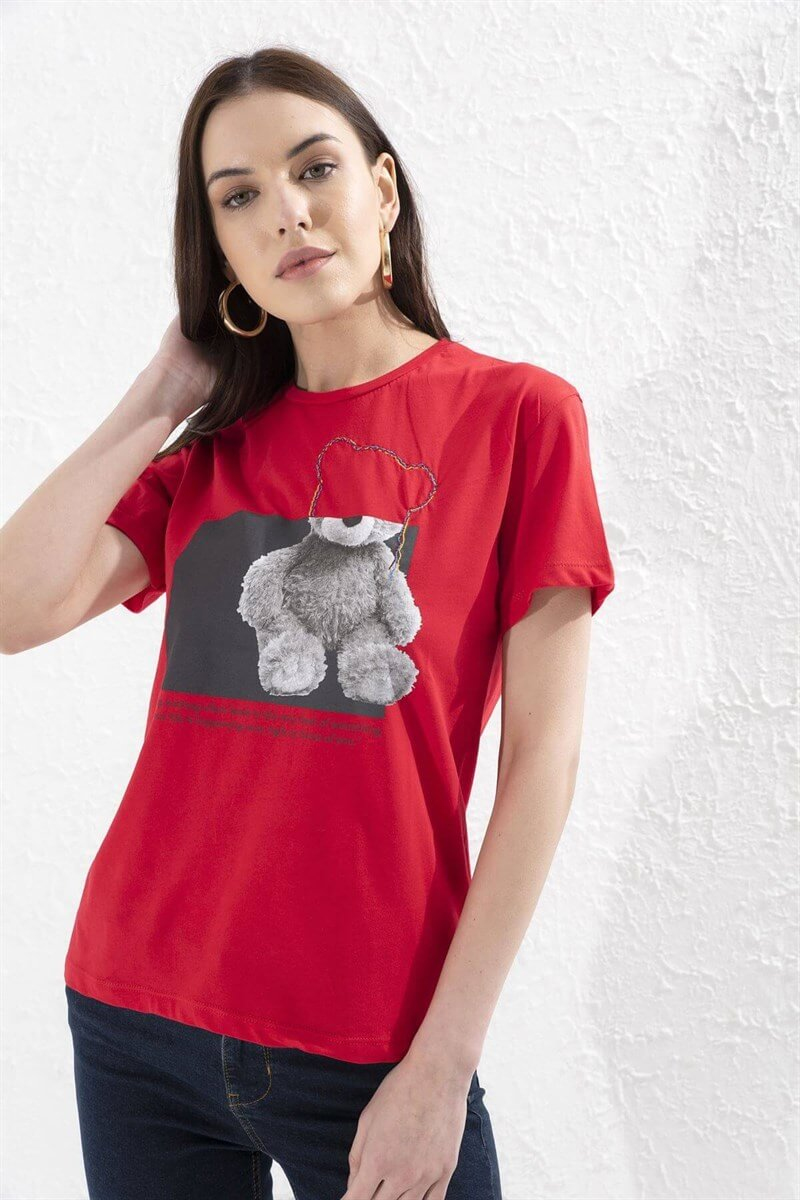 Kırmızı Baskılı Pamuk T-ShirtST050S7114801