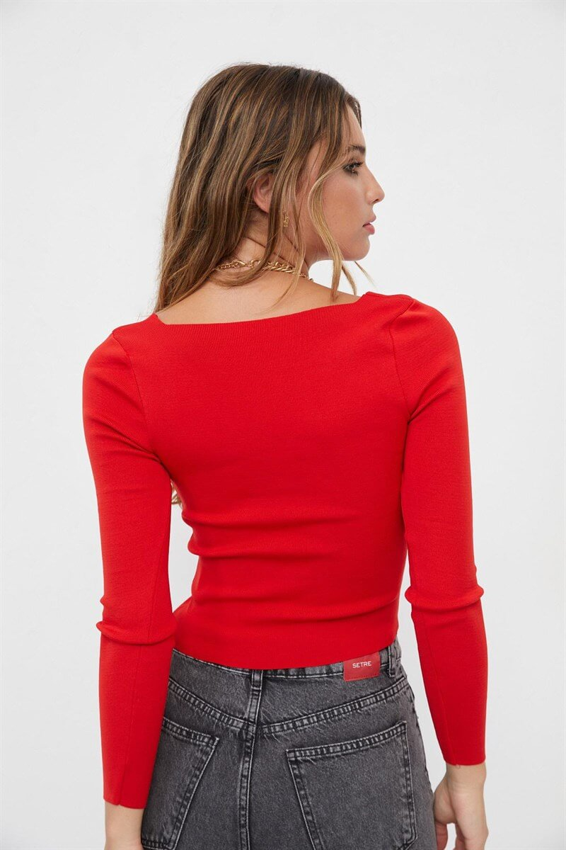 Kırmızı Uzun Kol Kare Yaka TrikoST060S94152004