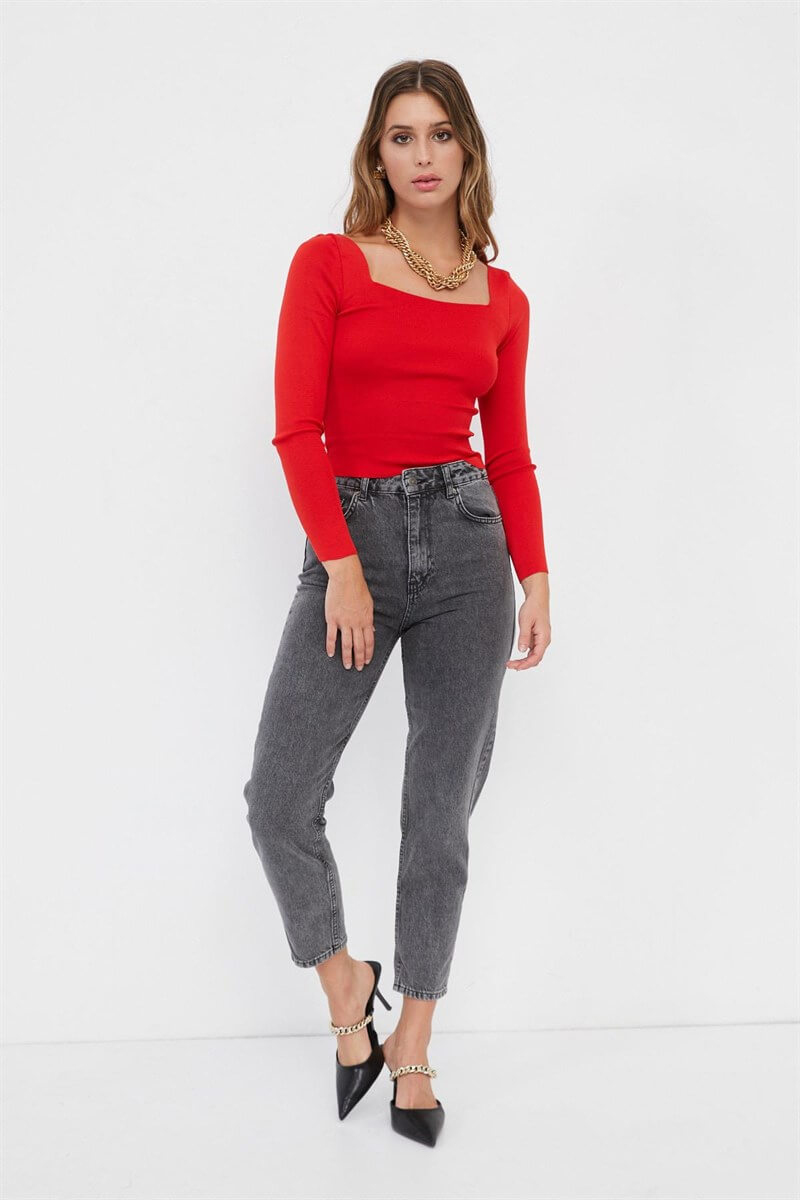 Kırmızı Uzun Kol Kare Yaka TrikoST060S94152004