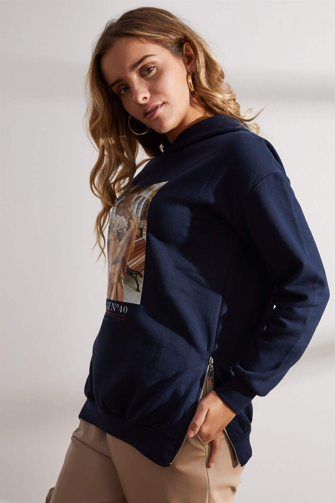 Koyu Lacivert Kapüşonlu Baskılı SweatshirtST060W7208301