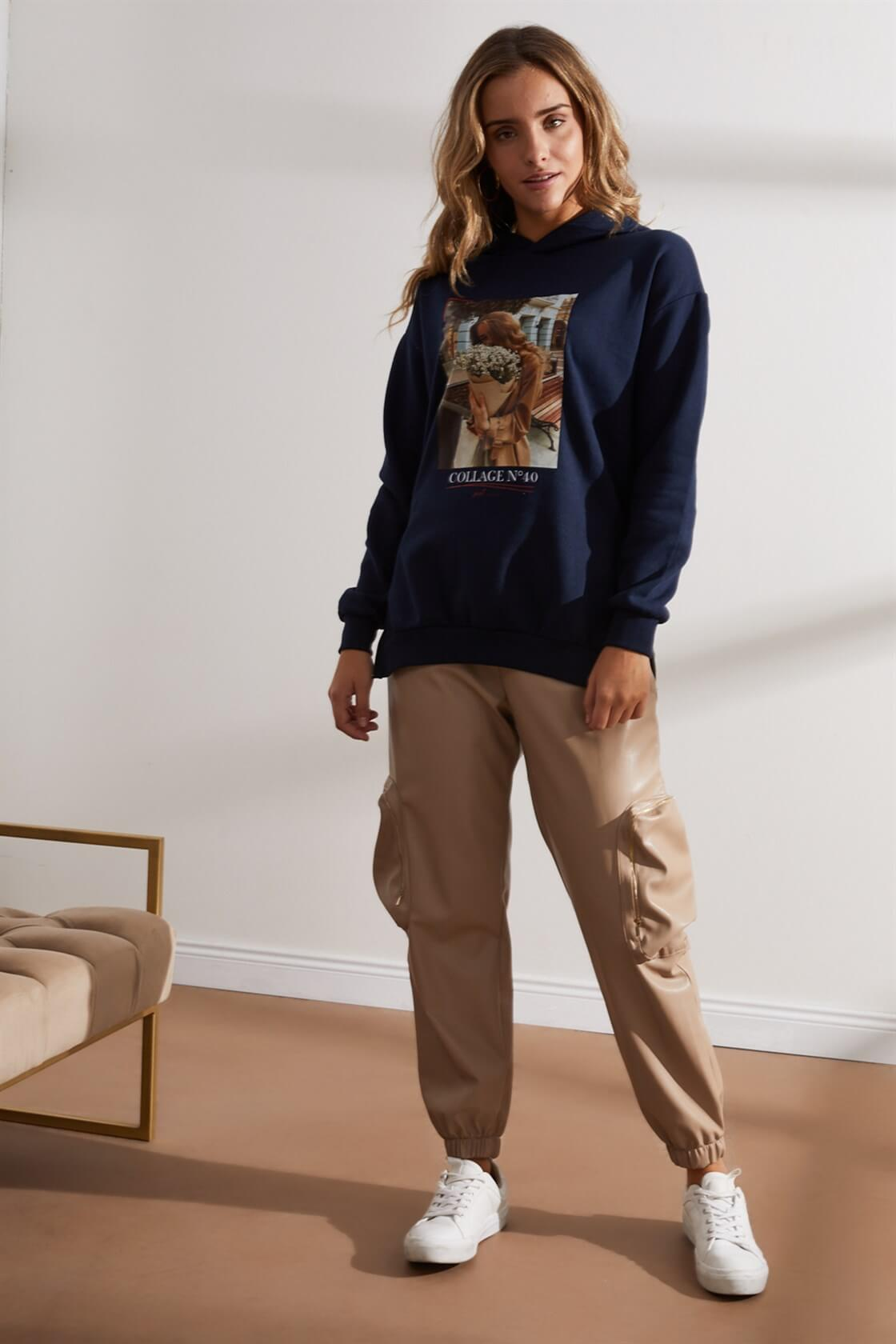 Koyu Lacivert Kapüşonlu Baskılı SweatshirtST060W7208301