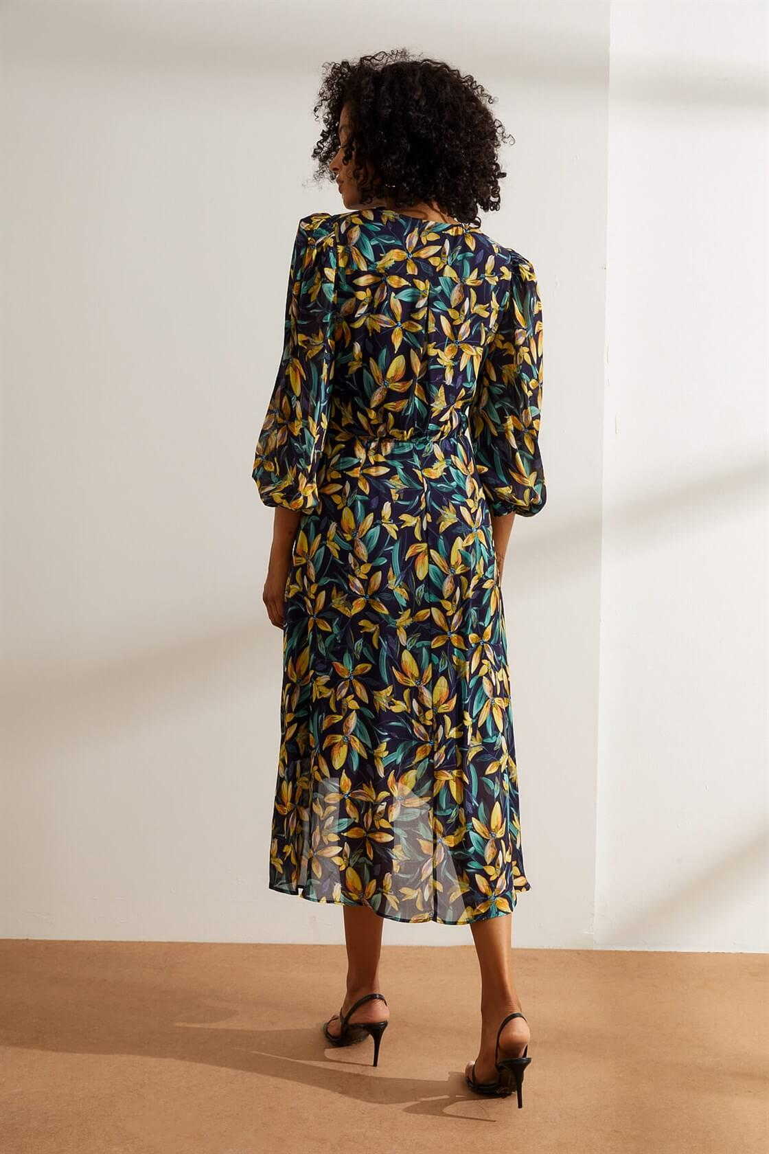 Lacivert Çiçek Desenli Kruvaze ElbiseST050W4099801