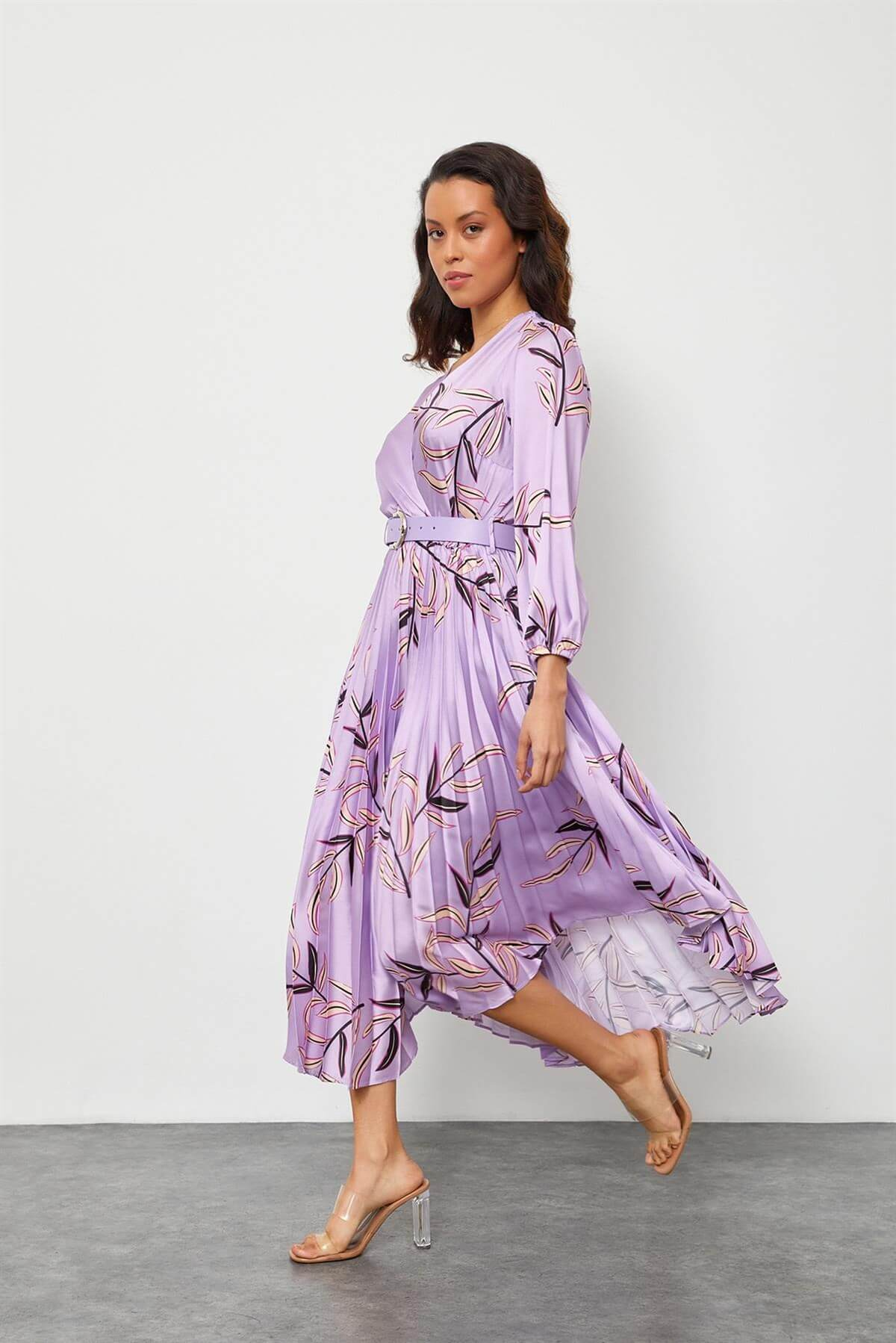 Lila Kemerli Piliseli ElbiseST040S40247005