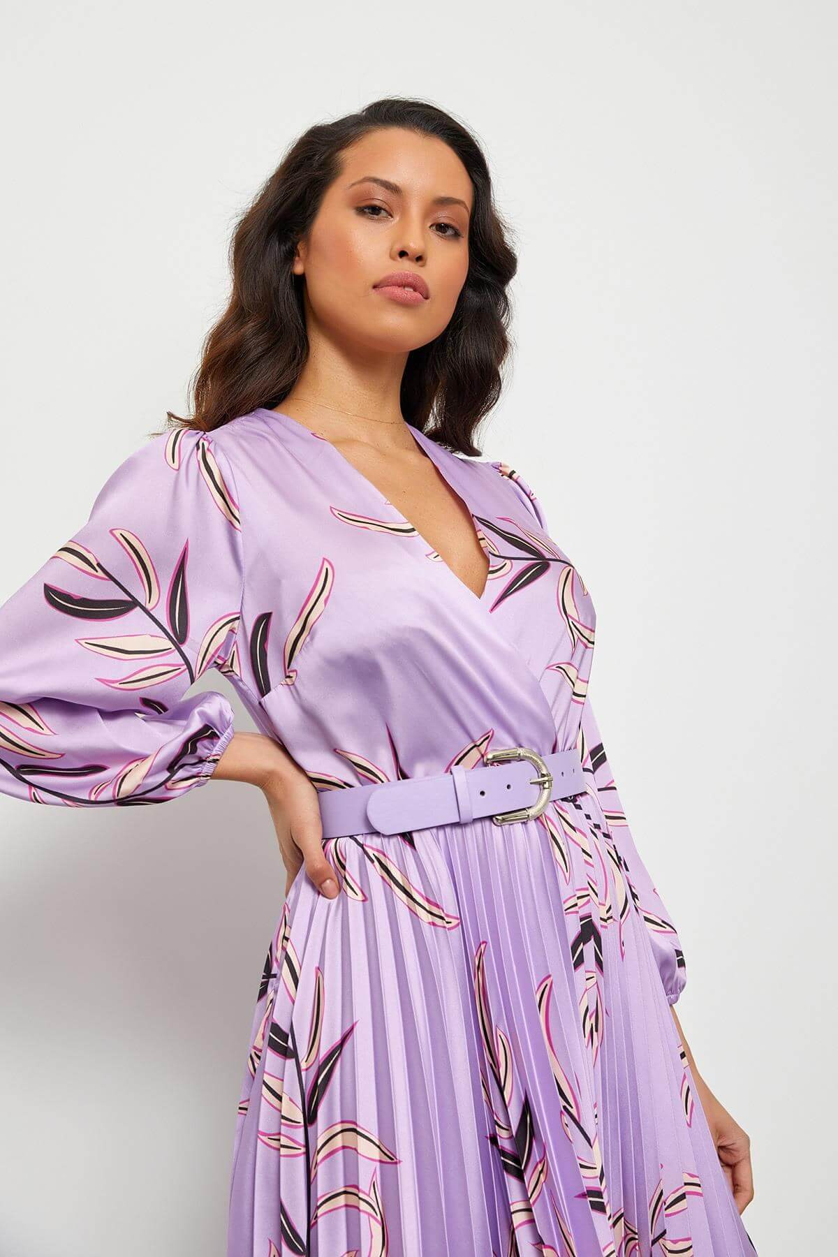 Lila Kemerli Piliseli ElbiseST040S40247005