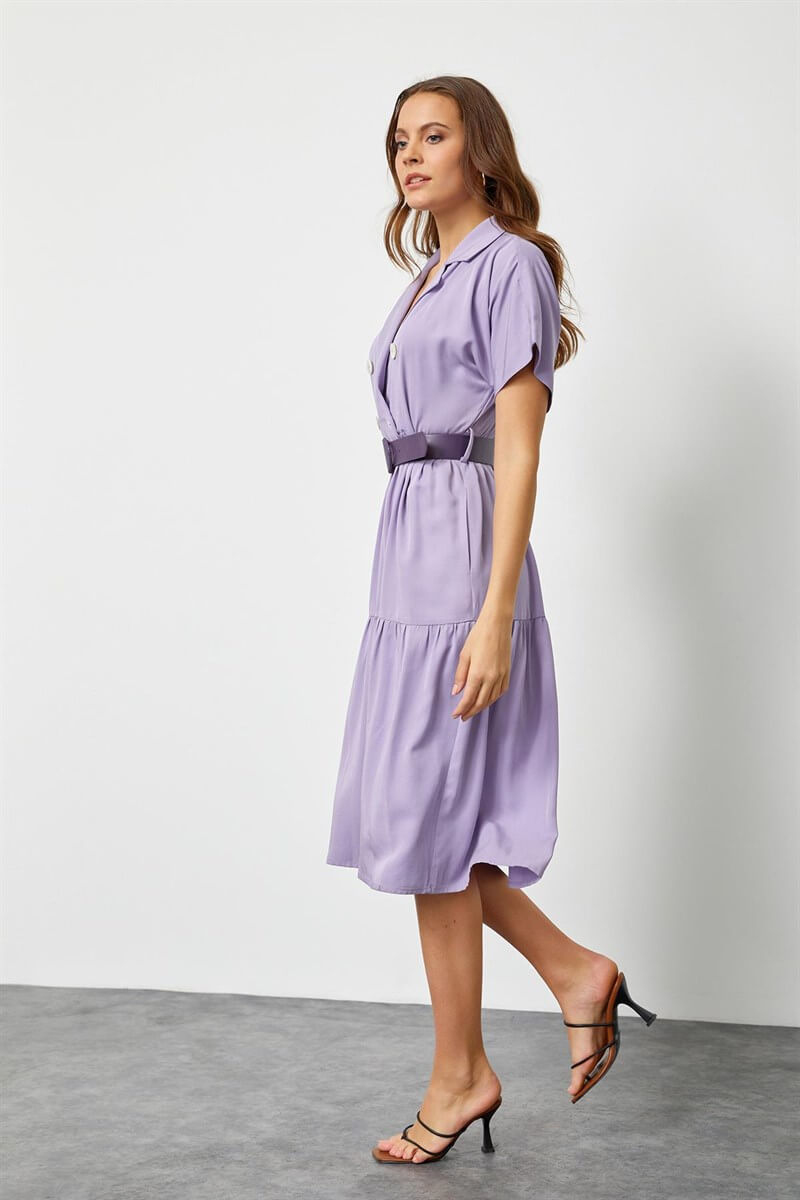 Lila Modal Rayon Düğme Detaylı Diz Altı ElbiseST060S4010091