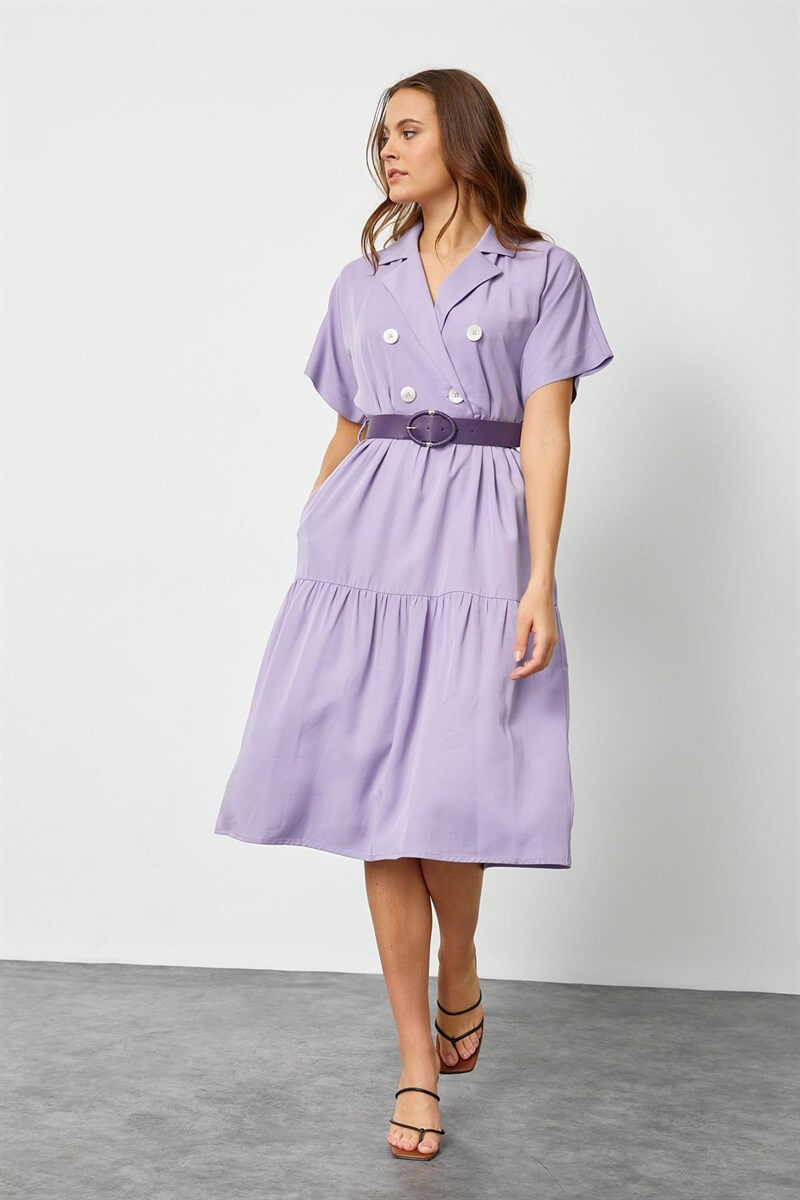Lila Modal Rayon Düğme Detaylı Diz Altı ElbiseST060S4010091