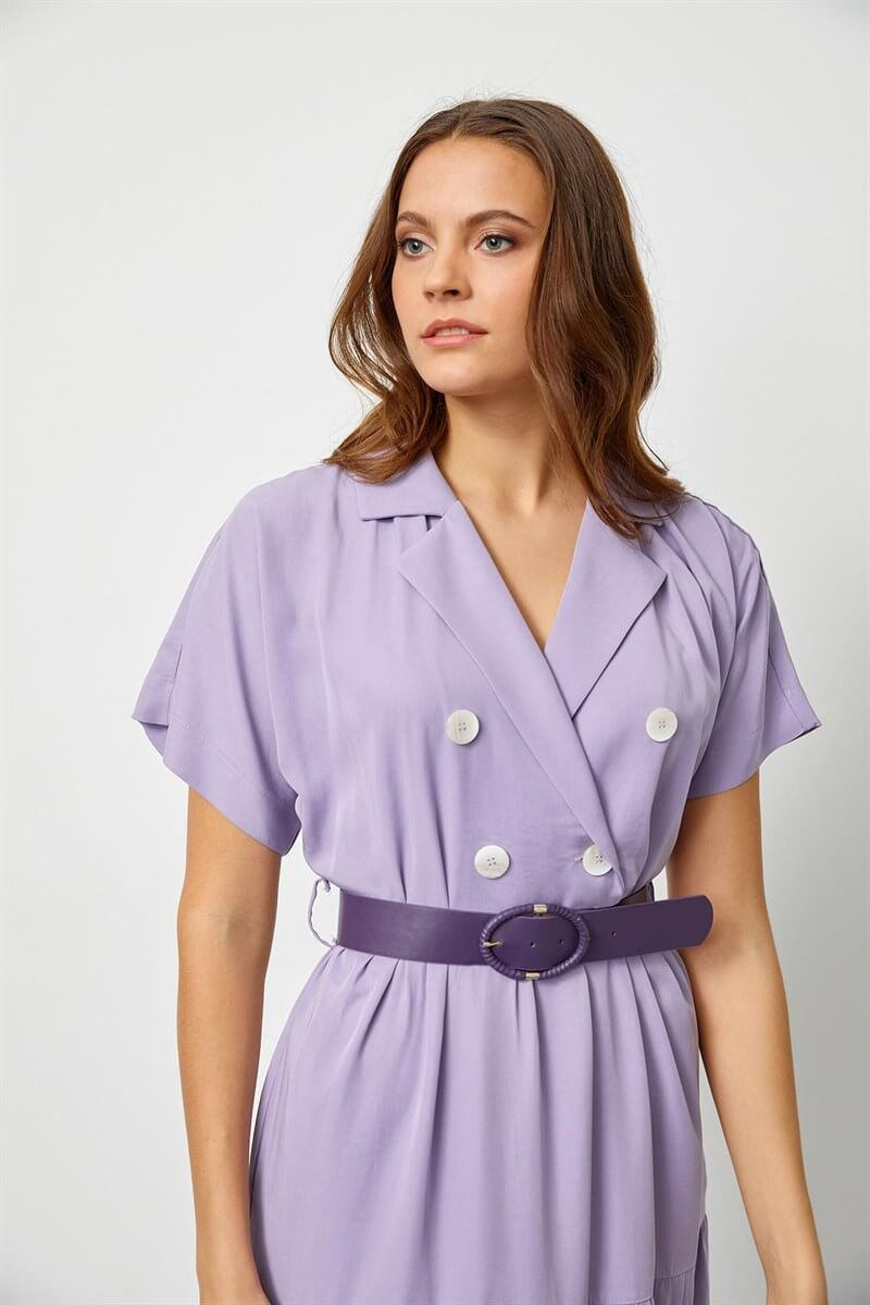 Lila Modal Rayon Düğme Detaylı Diz Altı ElbiseST060S4010091