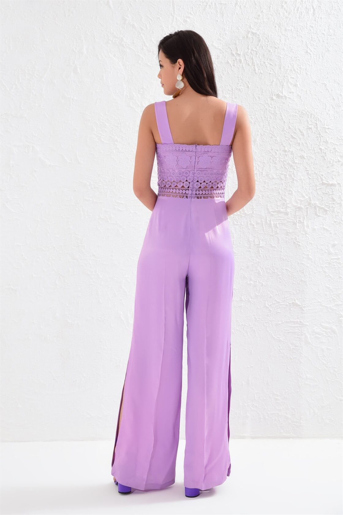 Lila Paça Kumaş Mixli Bele Oturan Kalın Askılı Kare Yaka TulumST040S280051
