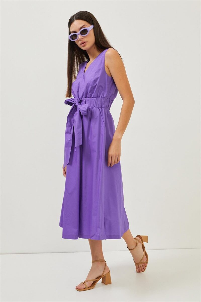 Mor Bağlama Detaylı V Yaka Maxi ElbiseST070S40150501