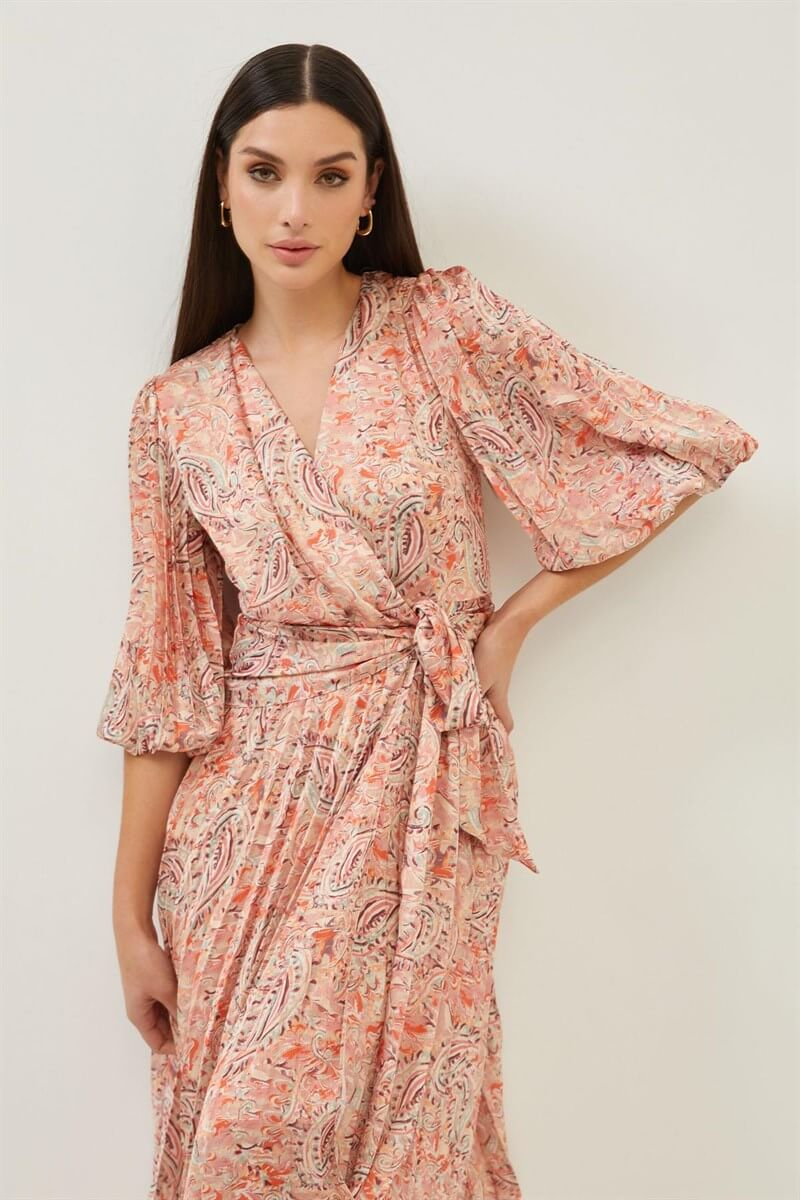 Oranj Kruvaze Yaka Bağlamalı Şal Desenli ElbiseST060S40130101