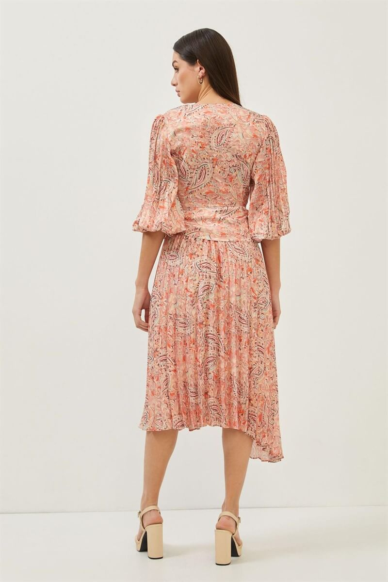 Oranj Kruvaze Yaka Bağlamalı Şal Desenli ElbiseST060S40130101