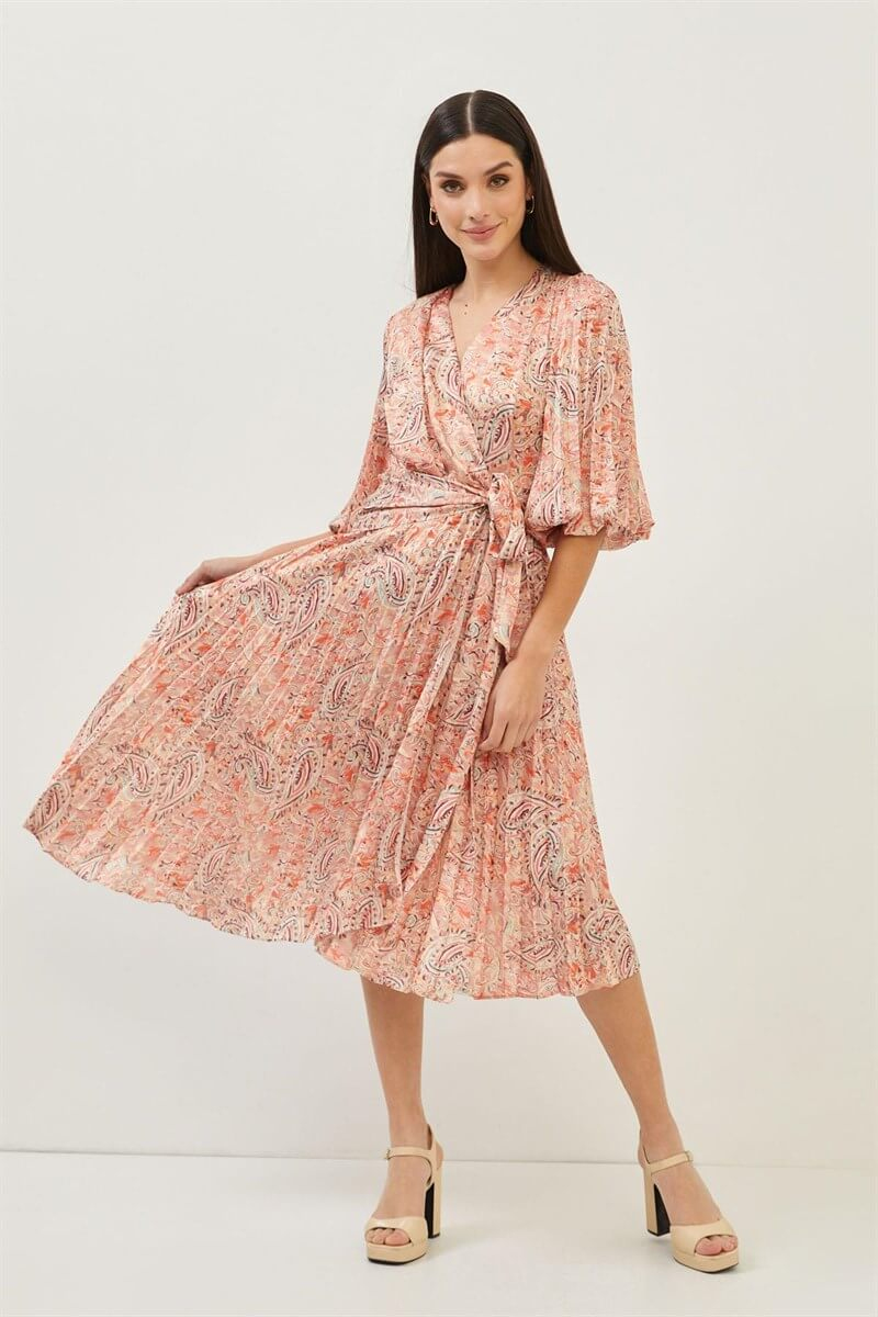 Oranj Kruvaze Yaka Bağlamalı Şal Desenli ElbiseST060S40130101