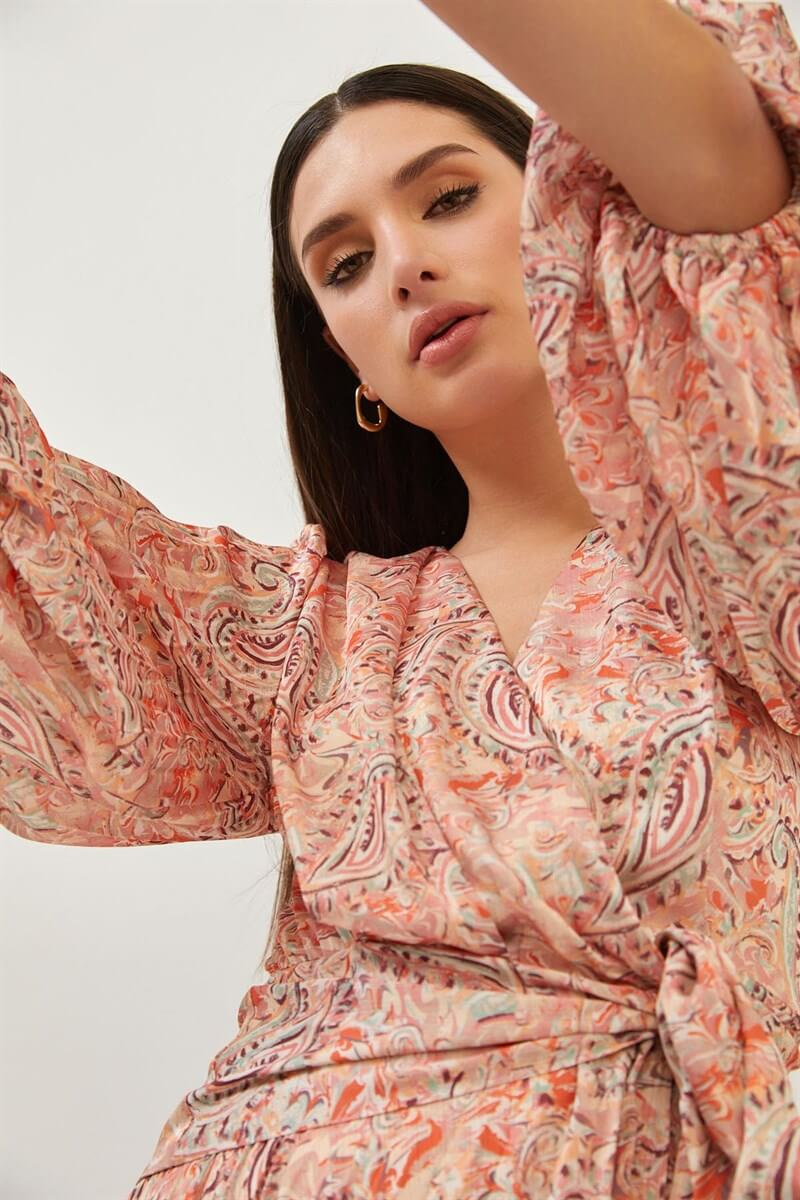 Oranj Kruvaze Yaka Bağlamalı Şal Desenli ElbiseST060S40130101