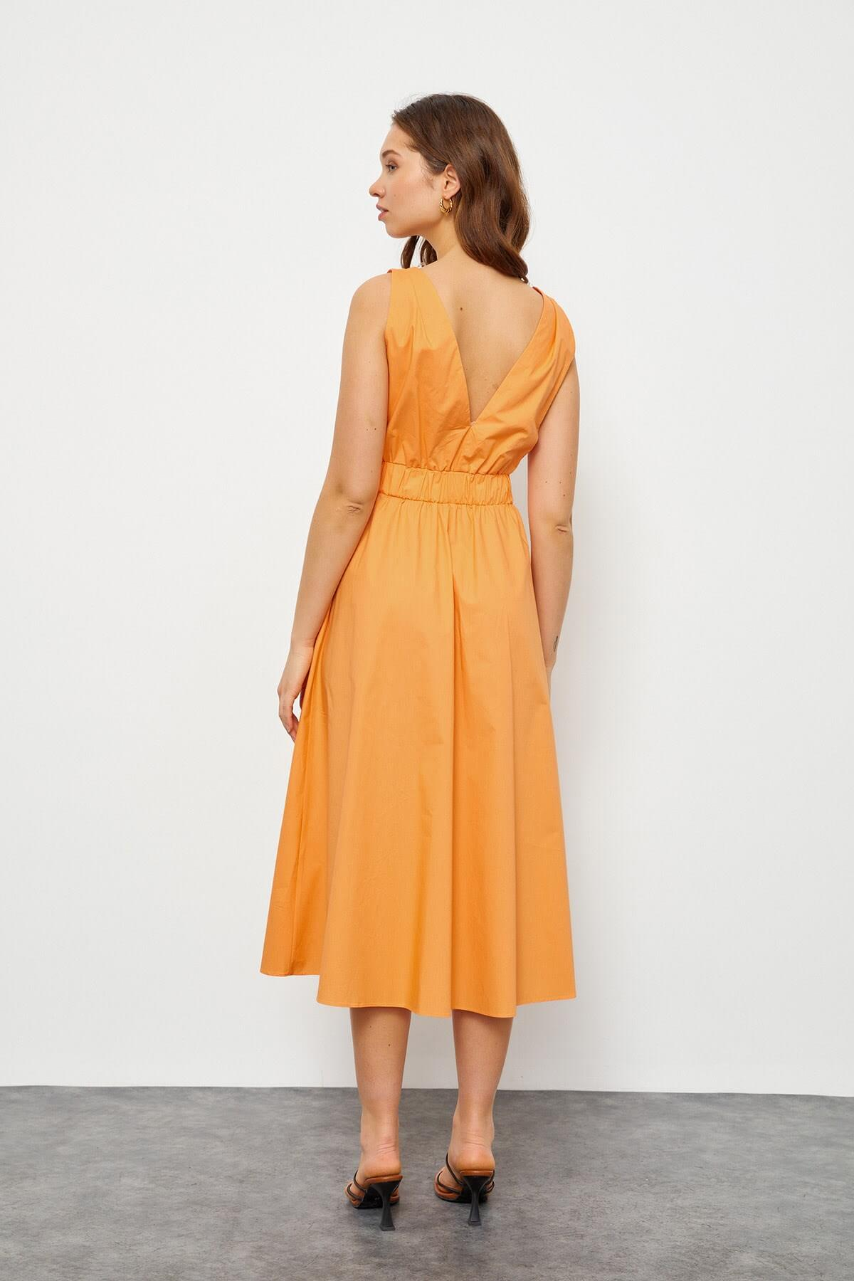 Oranj V Yaka Midi Boy Pamuk ElbiseST050S40598001