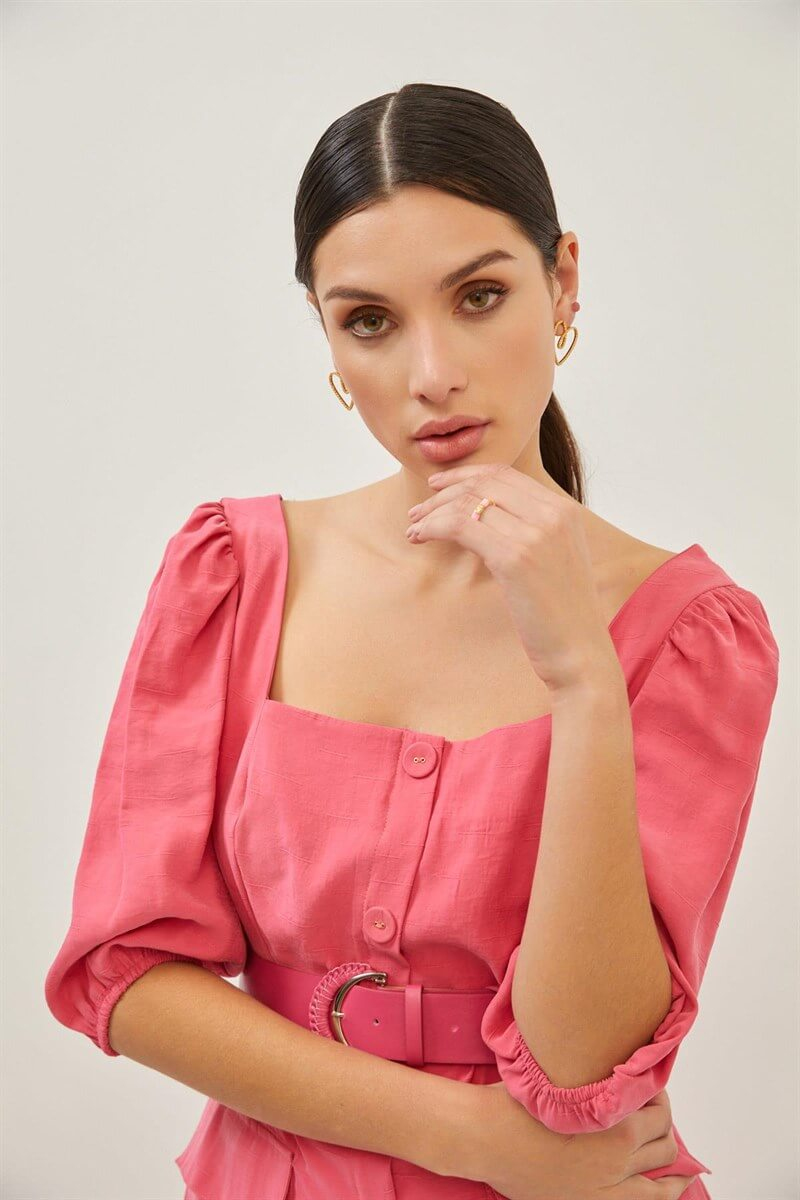 Pembe Balon Kol Kare Yaka Düğme Ve Cep Detaylı Midi ElbiseST070S40156201