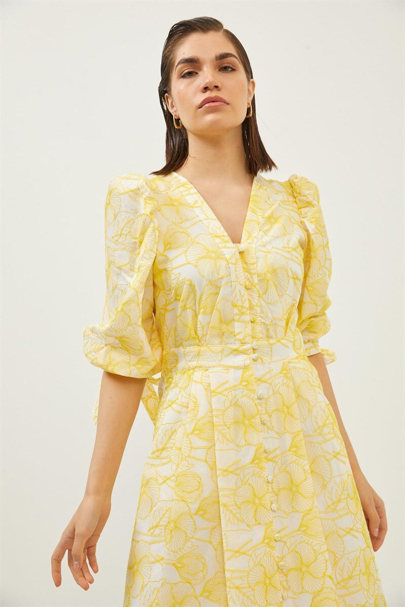 Sarı Şal Desenli Düğme Detaylı Midi ElbiseST060S40130701