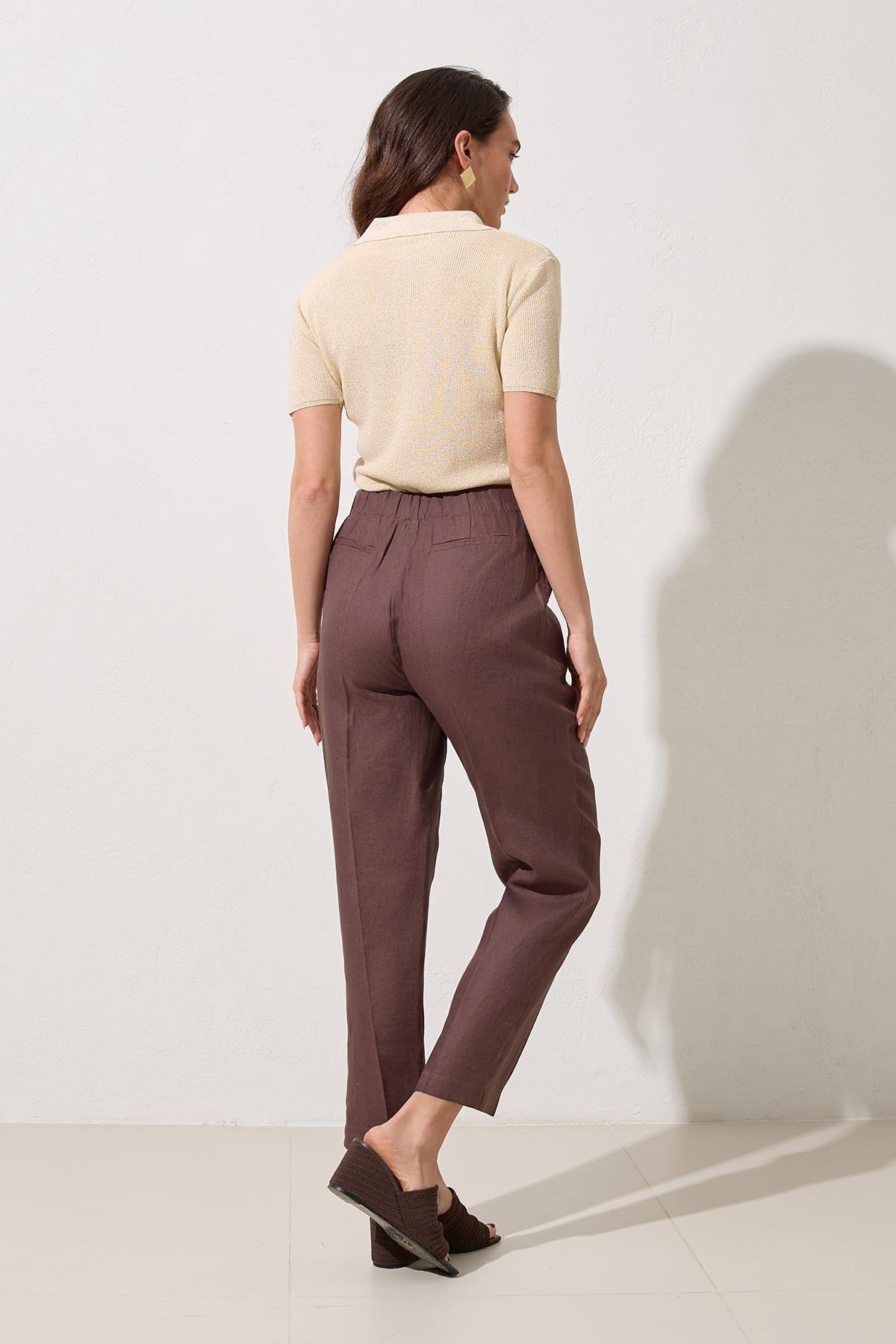 Acı-Kahve %100 Keten Cep Detaylı Tam Kalıp Pantolon Kadın Kategorisiz modelleri