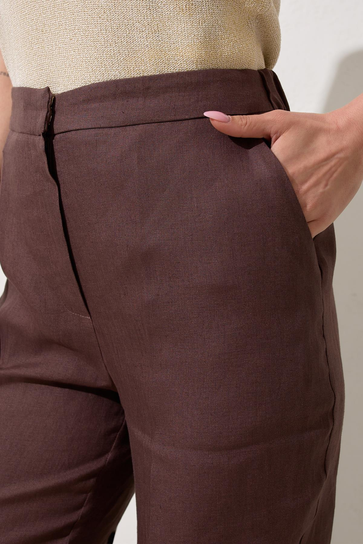 Acı-Kahve %100 Keten Cep Detaylı Tam Kalıp Pantolon Kadın Kategorisiz modelleri