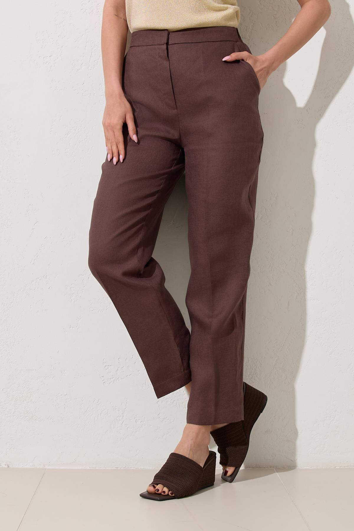 Acı-Kahve %100 Keten Cep Detaylı Tam Kalıp Pantolon Kadın Kategorisiz modelleri