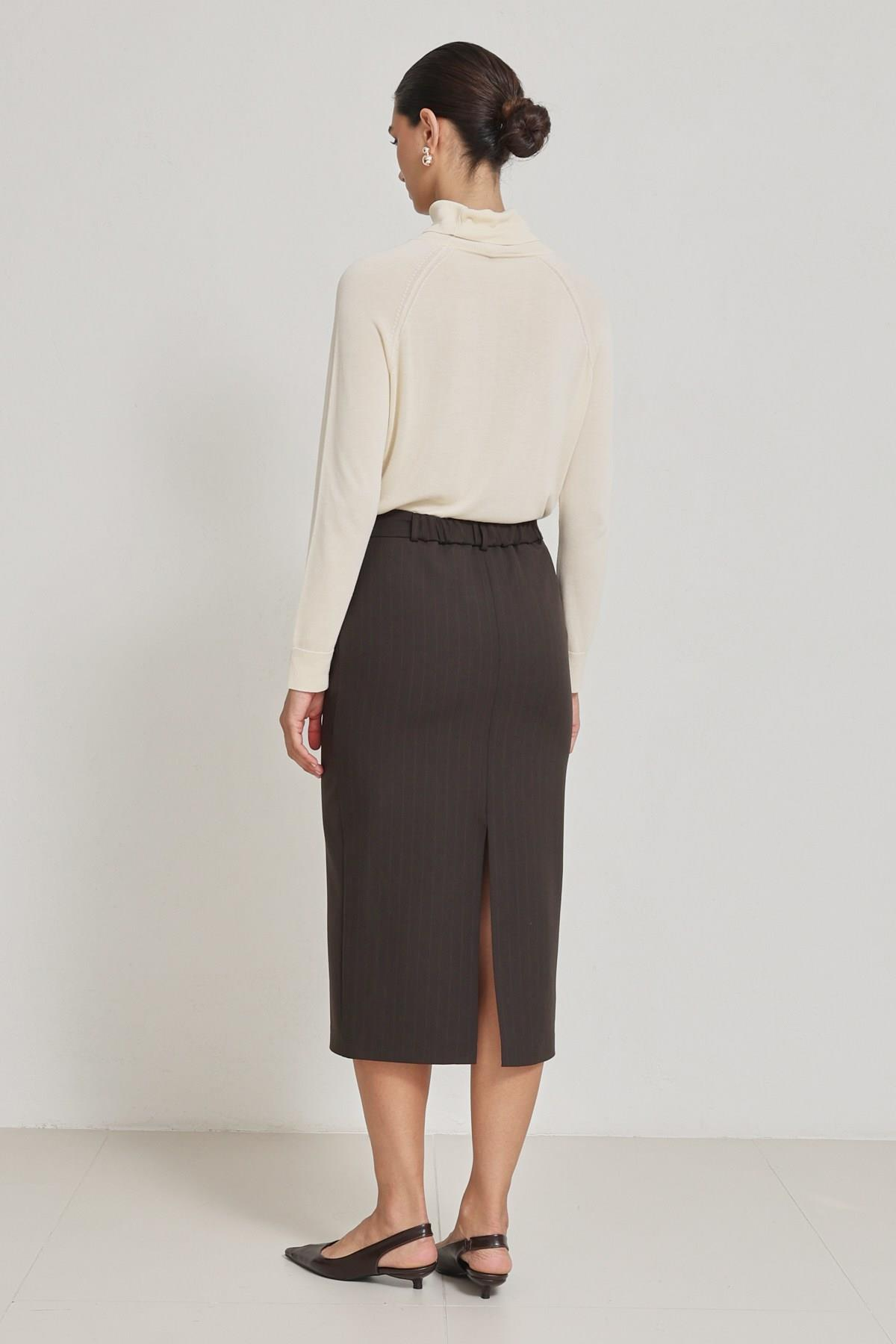 Acı-Kahve Belden Kemer Detaylı Çizgili Midi Boy Etek Kadın Etek modelleri