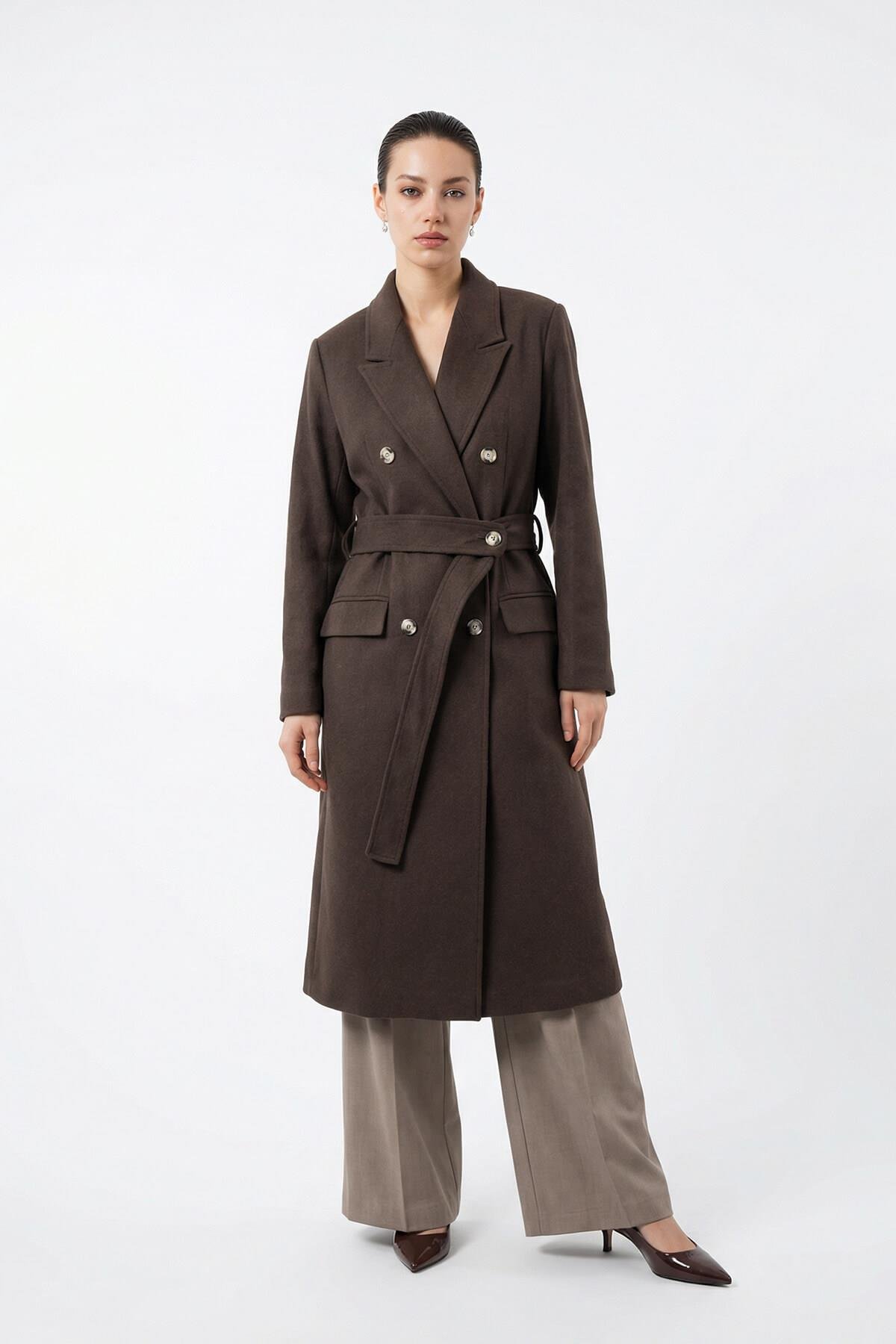 Acı-Kahve Düğme Detaylı Kuşaklı Uzun Kaban Kadın Kaban modelleri