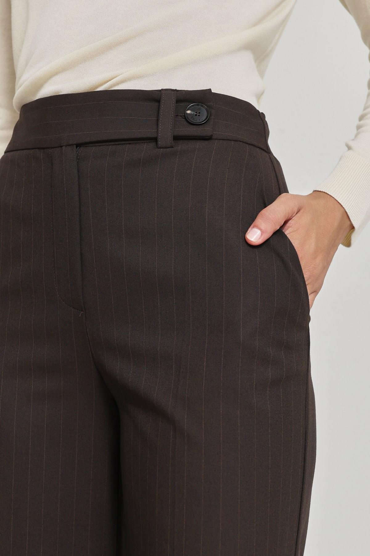 Acı-Kahve Kemer Ve Cep Detaylı Çizgili Rahat Kesim Pantolon Kadın Pantolon modelleri