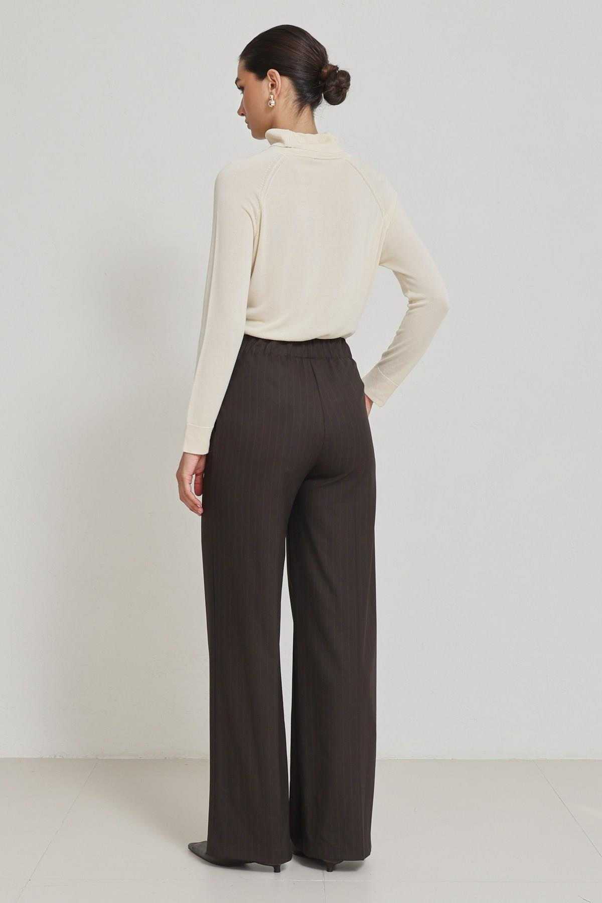 Acı-Kahve Kemer Ve Cep Detaylı Çizgili Rahat Kesim Pantolon Kadın Pantolon modelleri