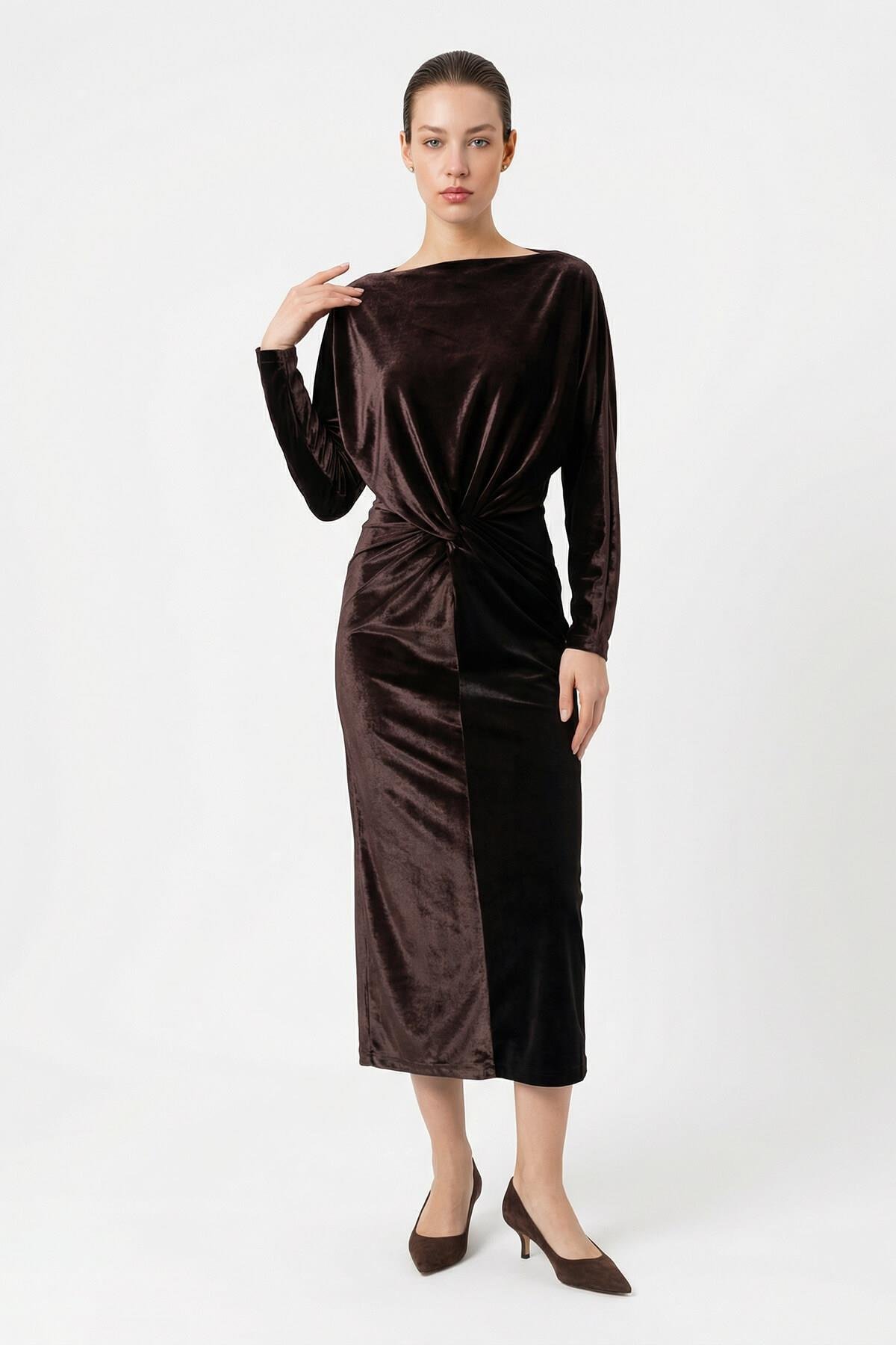 Acı-Kahve Kol Ve Yaka Detaylı Belden Drapeli Midi Boy Elbise Kadın Elbise modelleri