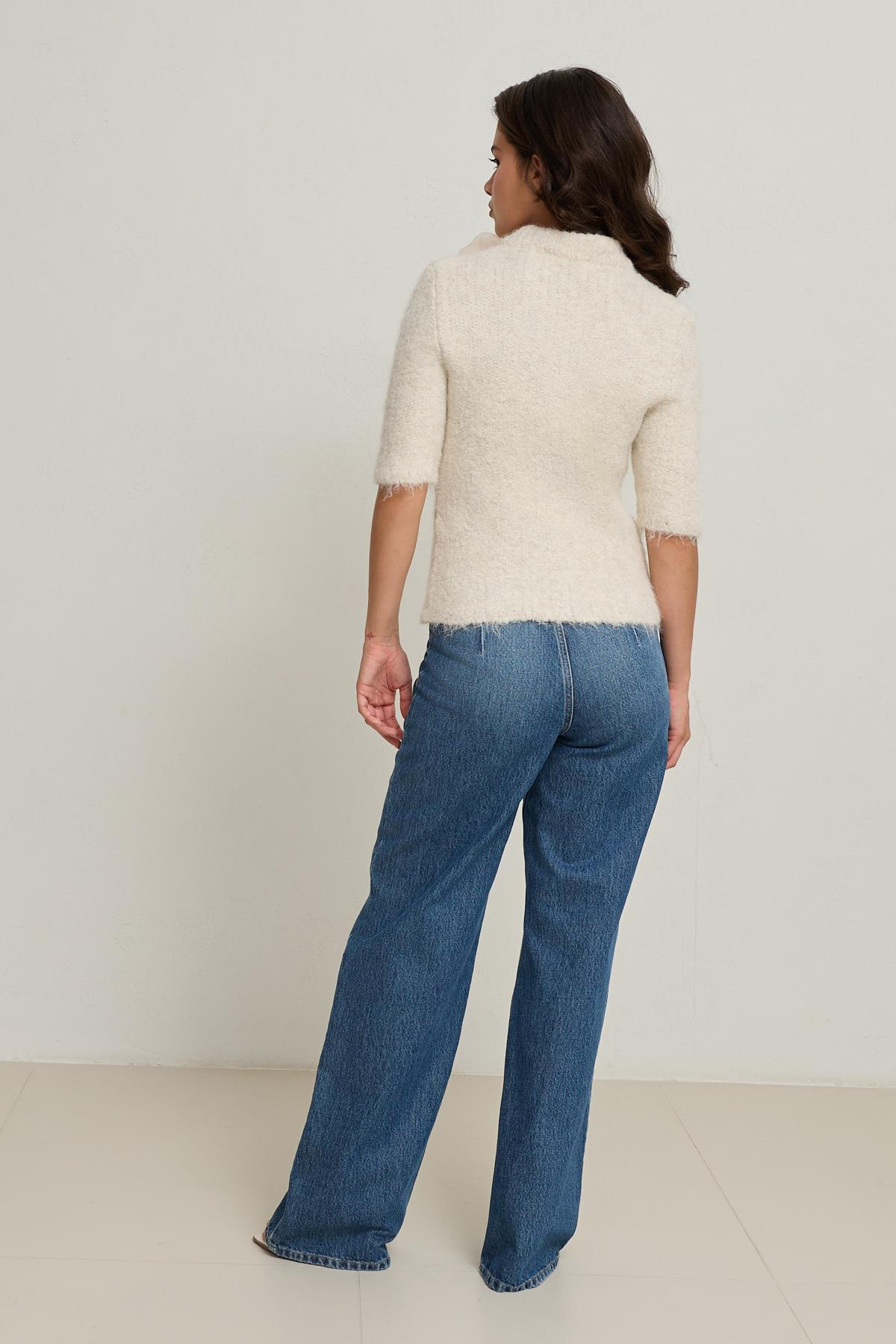 Açık Bej Fiyonk Detaylı Kısa Kollu Triko Kadın Triko modelleri