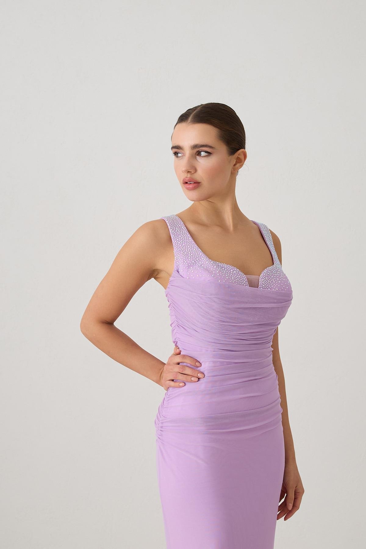 Açık Lila Zarif Omuz Detaylı Gece Elbisesi Kadın Abiye Elbise modelleri