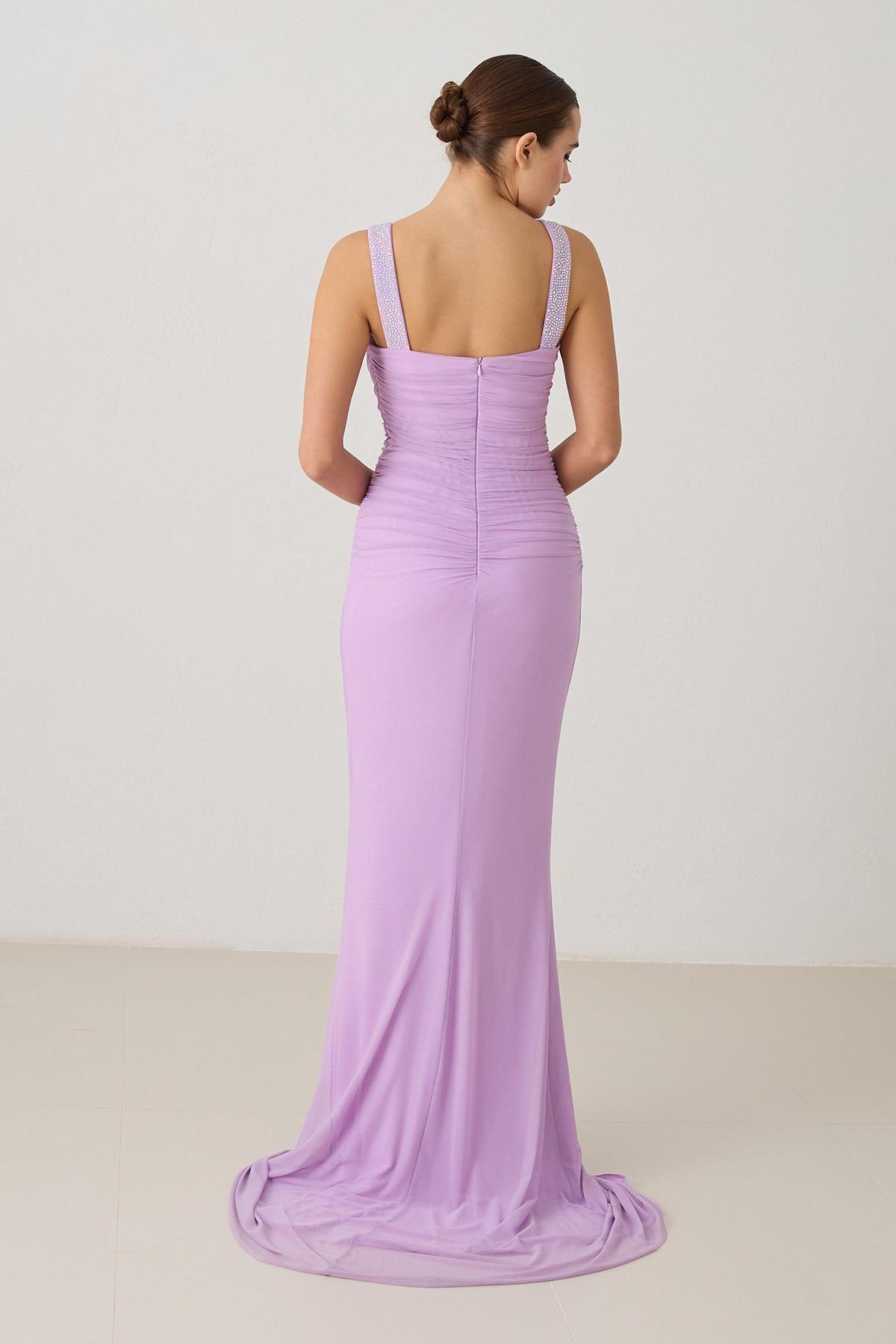 Açık Lila Zarif Omuz Detaylı Gece Elbisesi Kadın Abiye Elbise modelleri