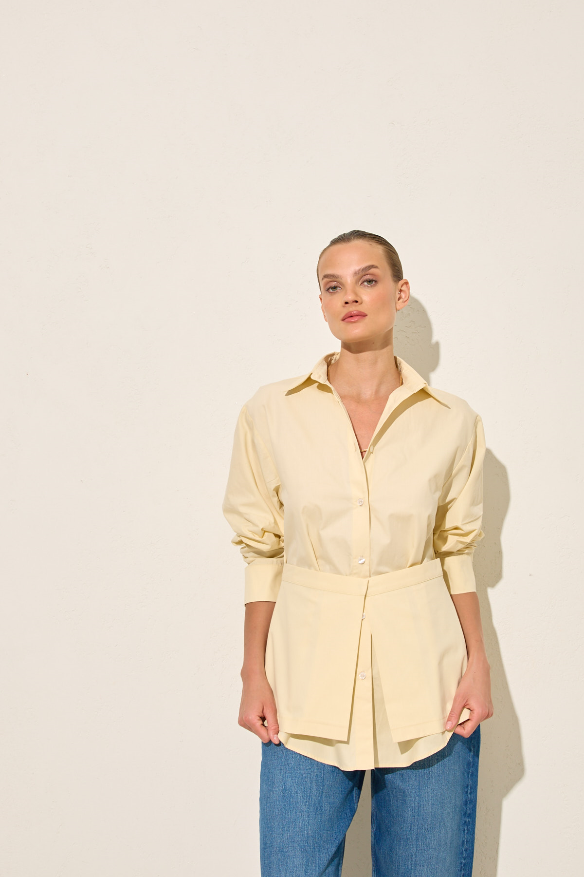 Amber Bel Panelli Uzun Kollu Pamuk Gömlek Kadın Gömlek modelleri