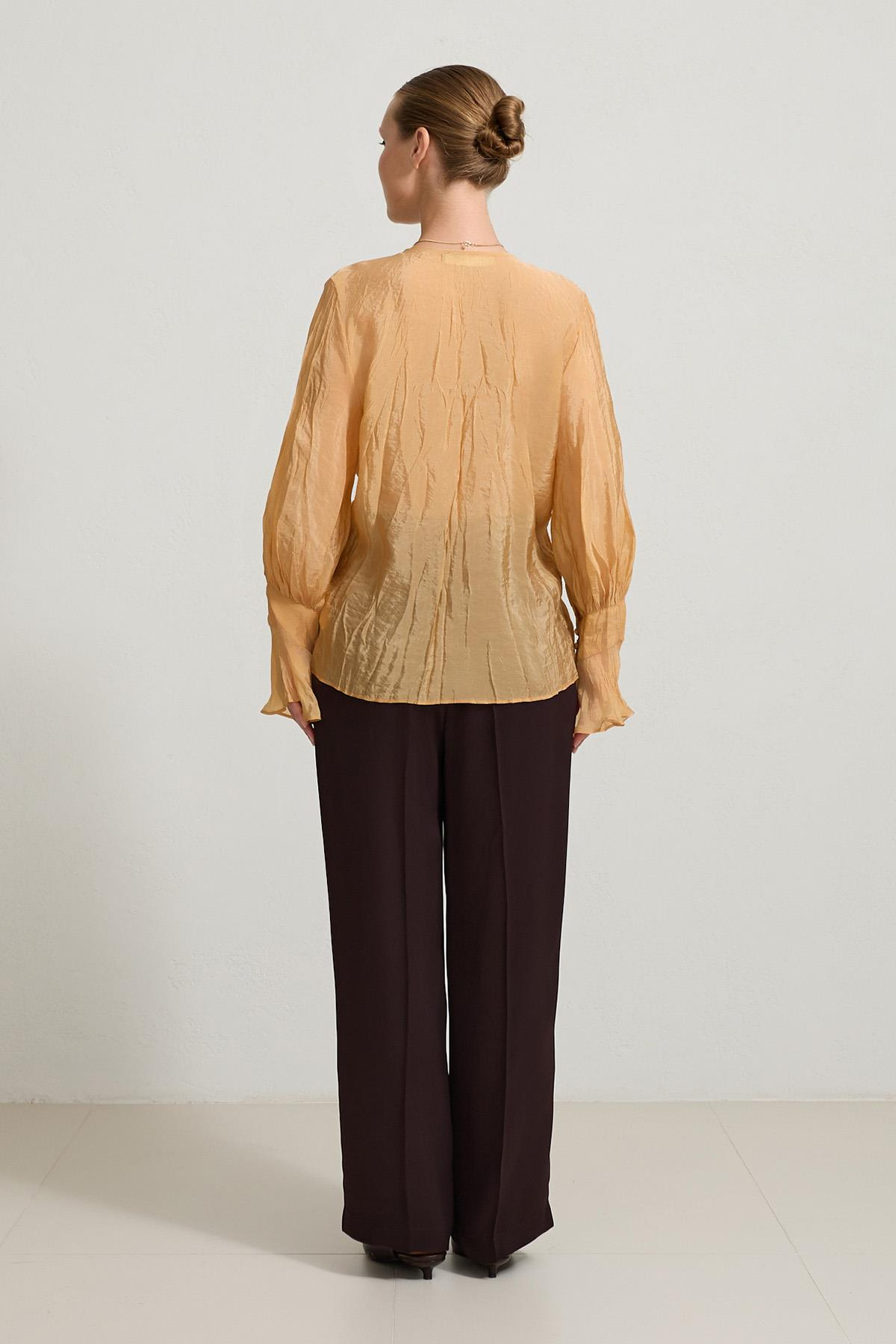 Amber Dökümlü V Yaka Kuşak Detaylı Rahat Kesim Bluz Kadın Bluz modelleri