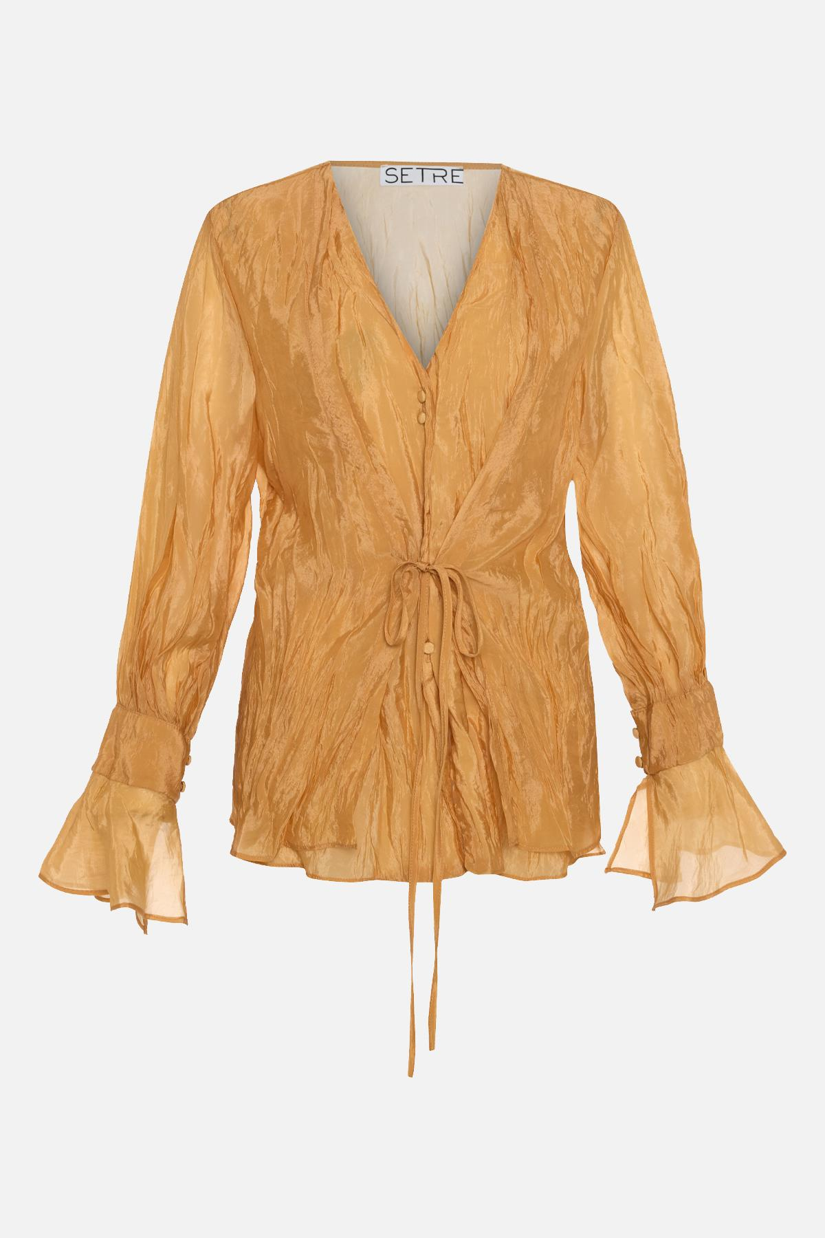 Amber Dökümlü V Yaka Kuşak Detaylı Rahat Kesim Bluz Kadın Bluz modelleri