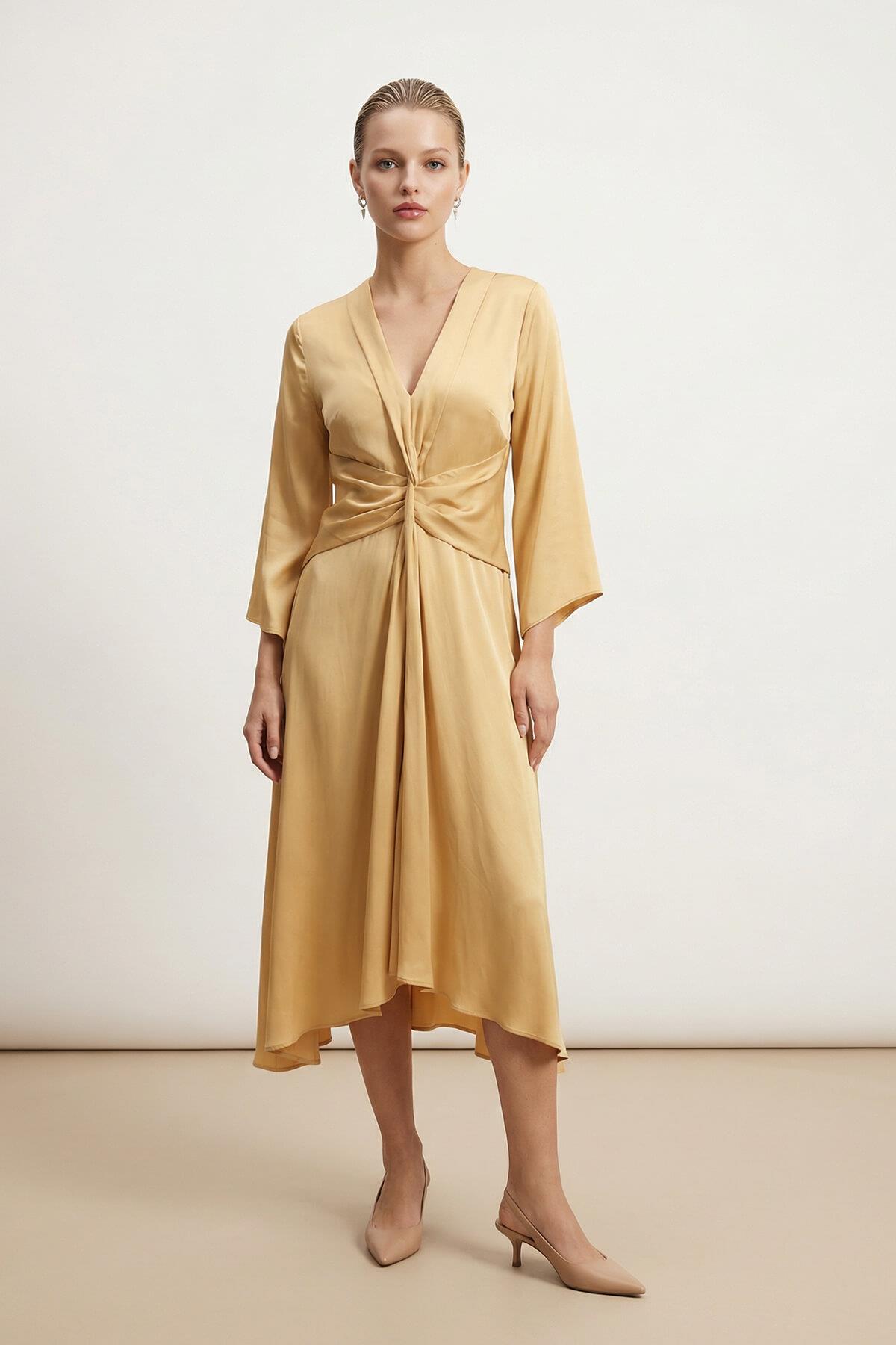 Amber V Yaka Bel Ve Kol Detaylı Midi Boy Elbise Kadın Elbise modelleri