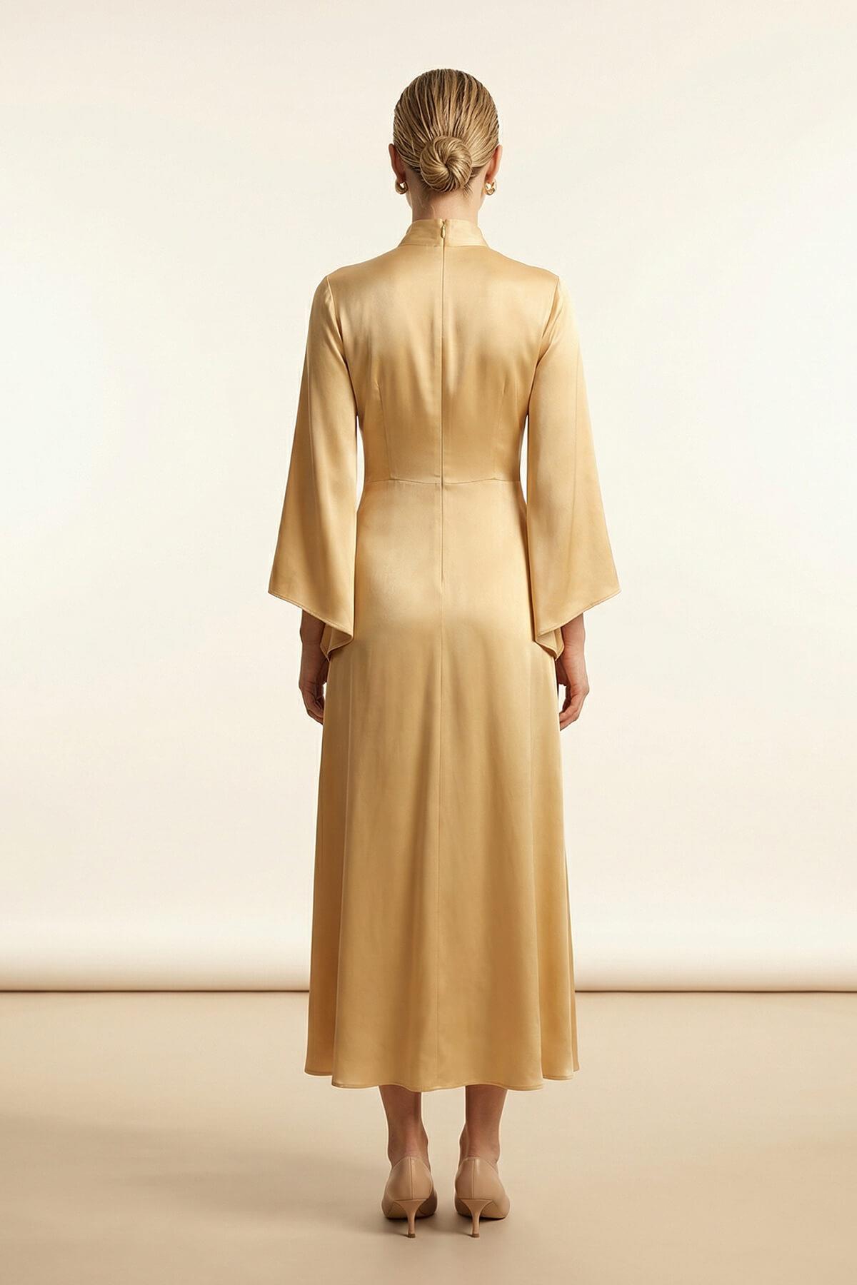 Amber V Yaka Bel Ve Kol Detaylı Midi Boy Elbise Kadın Elbise modelleri