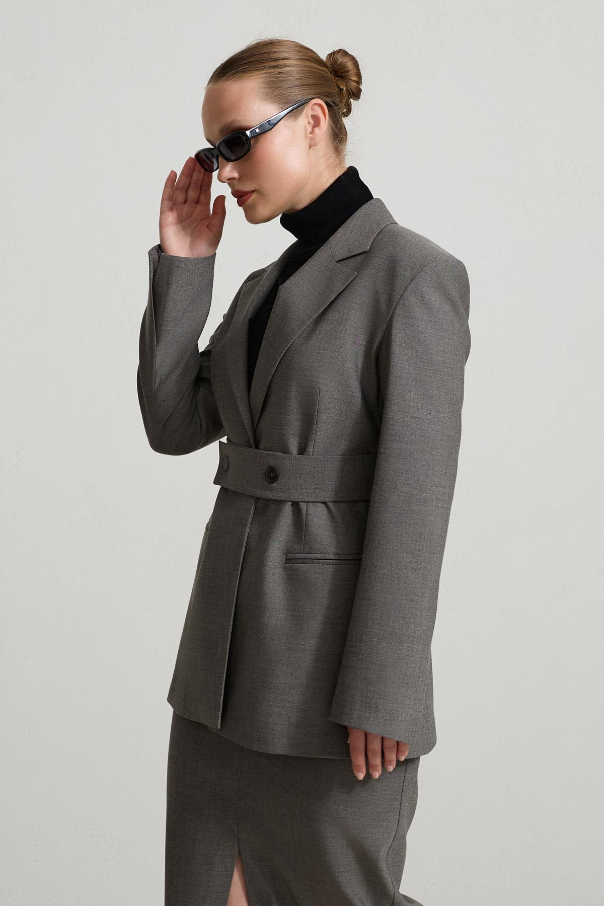 Antrasit Belden Kemer Detaylı Tam Kalıp Ceket Kadın Ceket modelleri