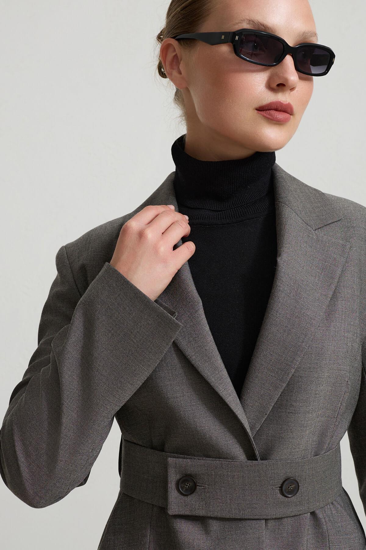 Antrasit Belden Kemer Detaylı Tam Kalıp Ceket Kadın Ceket modelleri