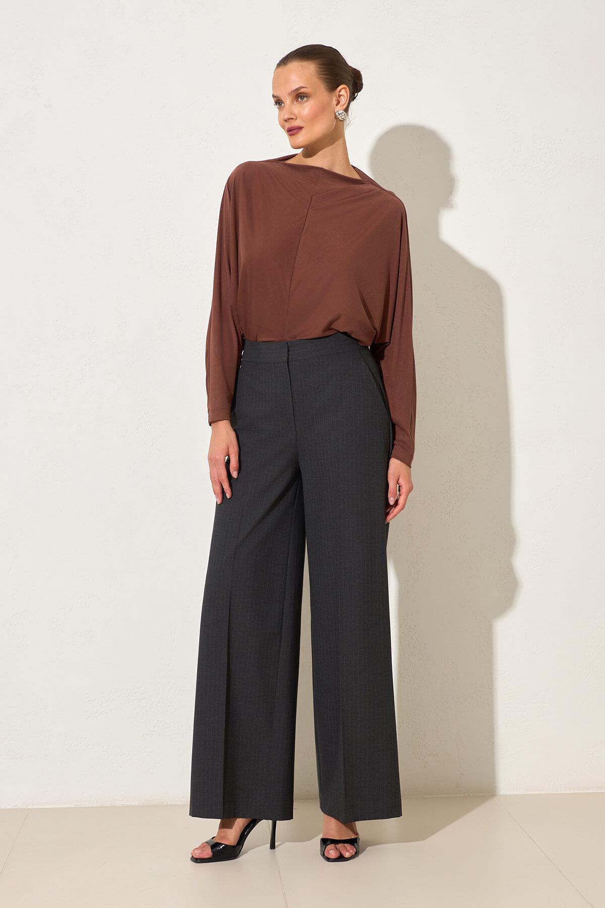 Antrasit Cepli Çizgi Detaylı Rahat Kesim Geniş Paça Pantolon Kadın Pantolon modelleri